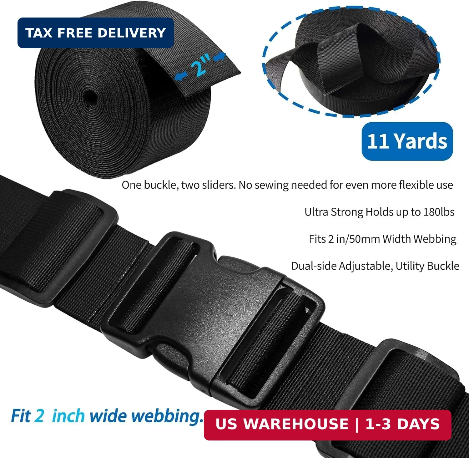 2&Prime; Heavy-Duty Buckle & Straps Set: 6-Pack Side Release Plastic Buckles+11 Yards