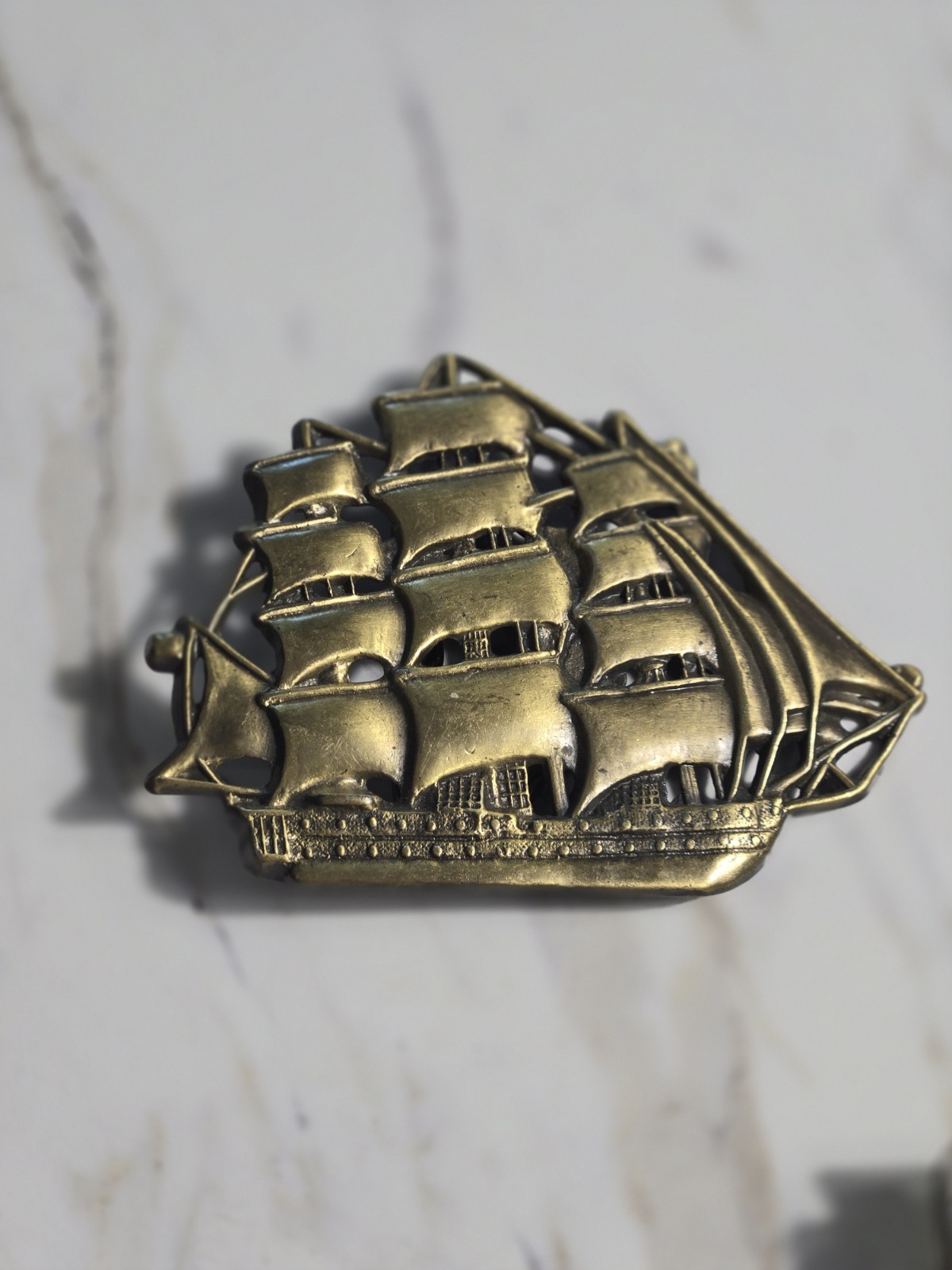 vintage 1970s belt buckle TALL SHIP sailing boat CLIPPER western BRASS cowboy