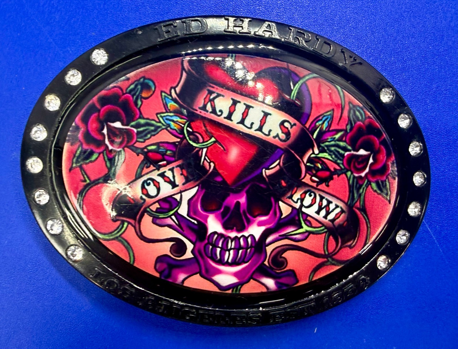Ed Hardy Love Kills Slowly Signature Tattoo Skull with Rhinestones Belt Buckle