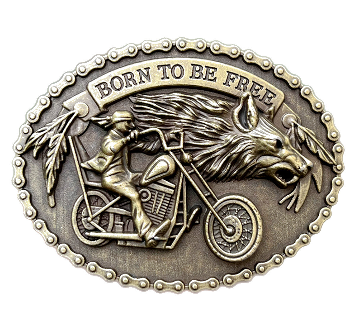 Motorcycle and Wolf Belt Buckle Western Cowboy Cowgirl Motorcyclist (MTWF-01-G)