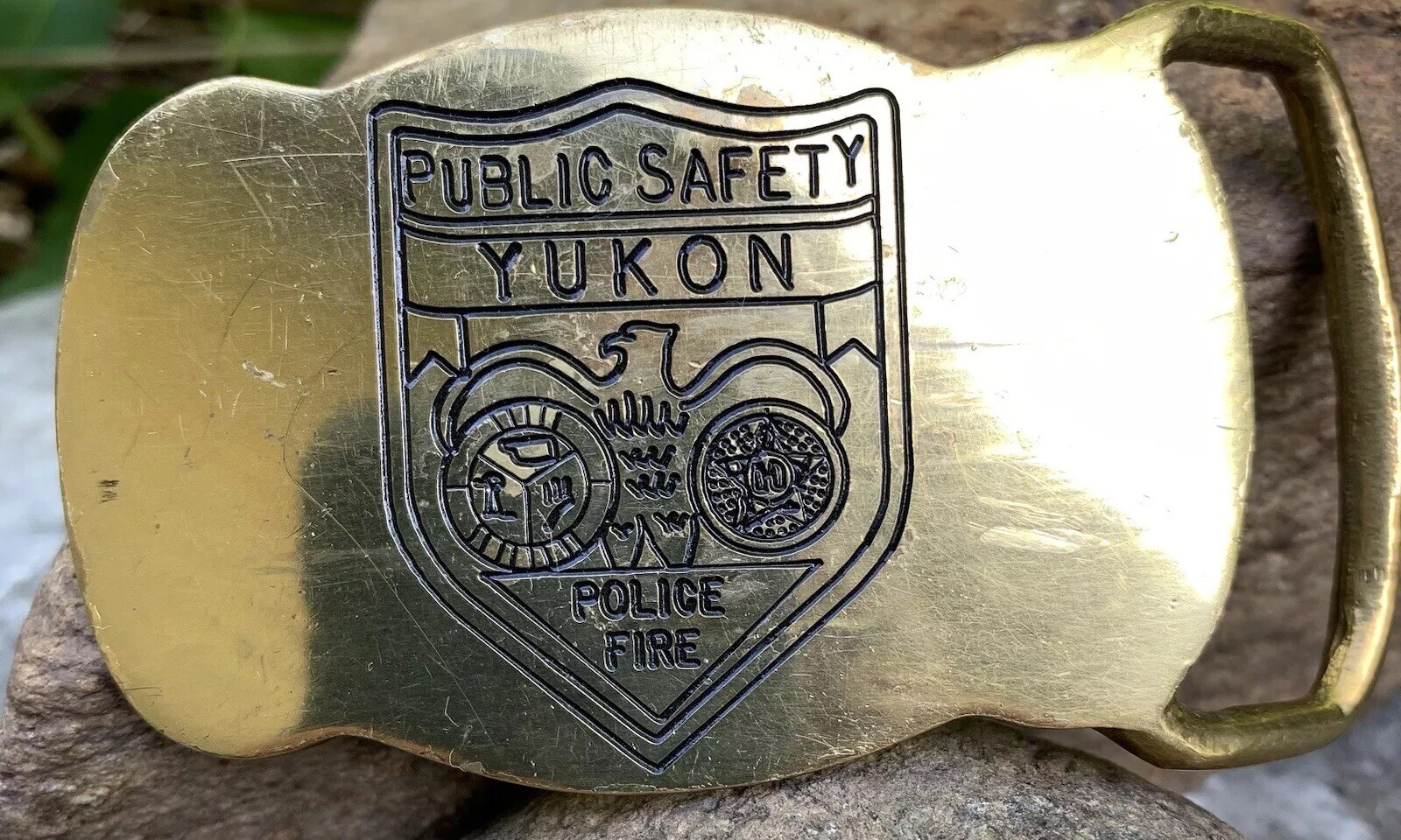 Vintage YUKON Public Safety Solid Brass Belt Buckle Police Fire Badge 2×3”
