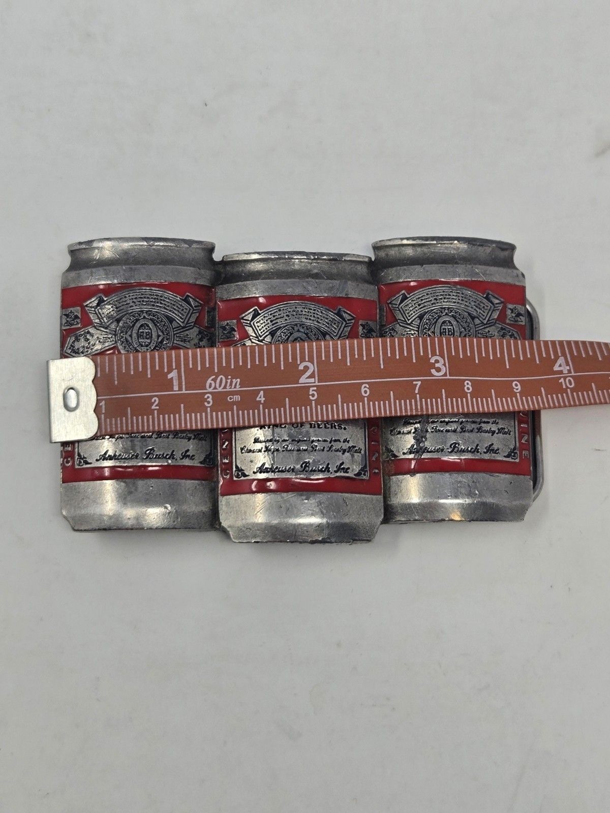 BUDWEISER ANHEUSER-BUSCH VINTAGE METAL BELT BUCKLE BEER CANS PEWTER RED MENS OS