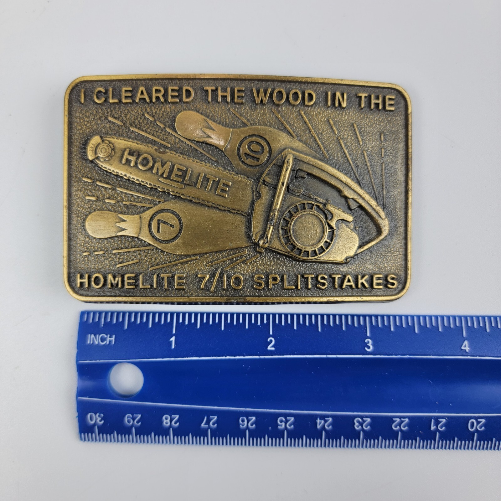 Vintage Solid Brass Homelite Chainsaw 7/10 Splitstakes Belt Buckle 3.5×2.25 EUC
