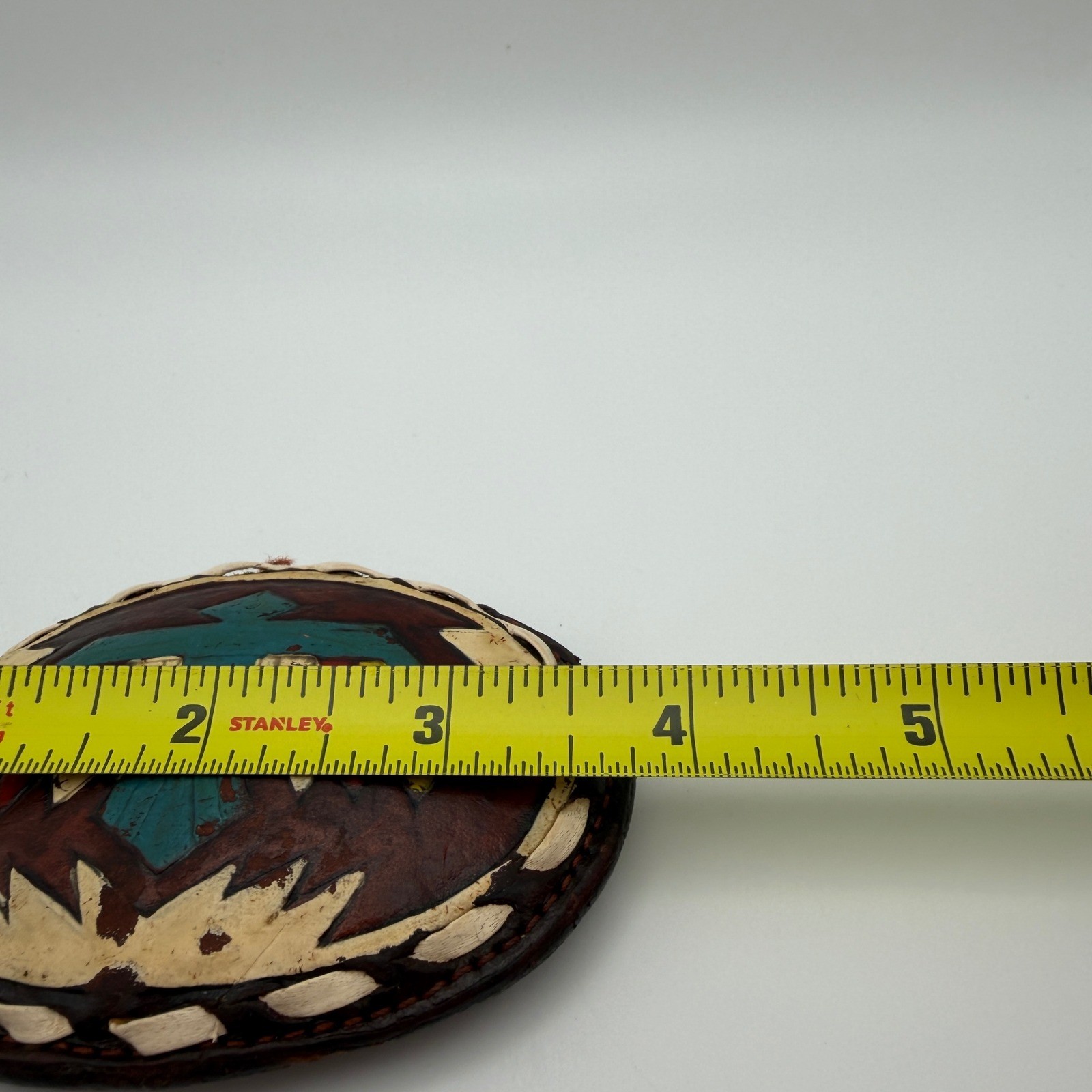 VTG Justin Leather Belt Buckle Hand Tooled Thunderbird Painted Oval 61-P