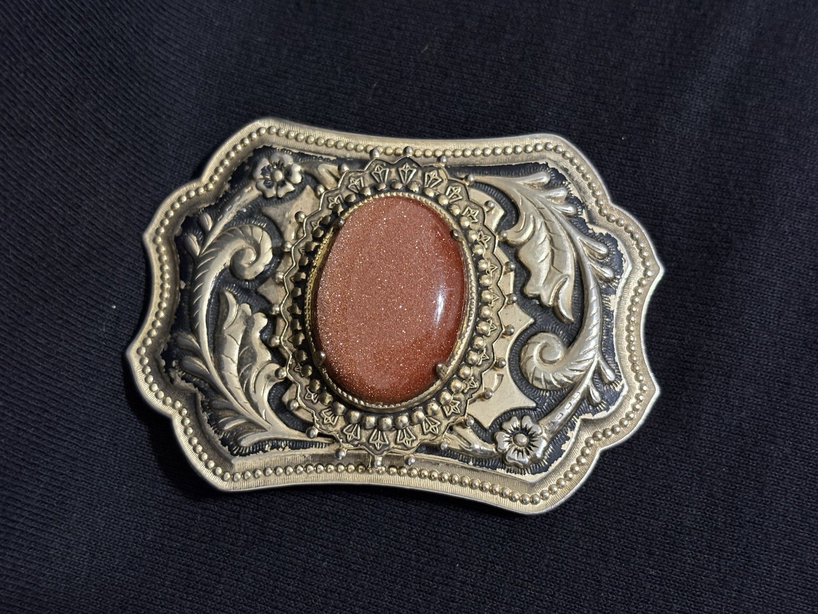 Vintage Western Goldstone Belt Buckle Ornate Floral Engraved Cowboy Rodeo Wear