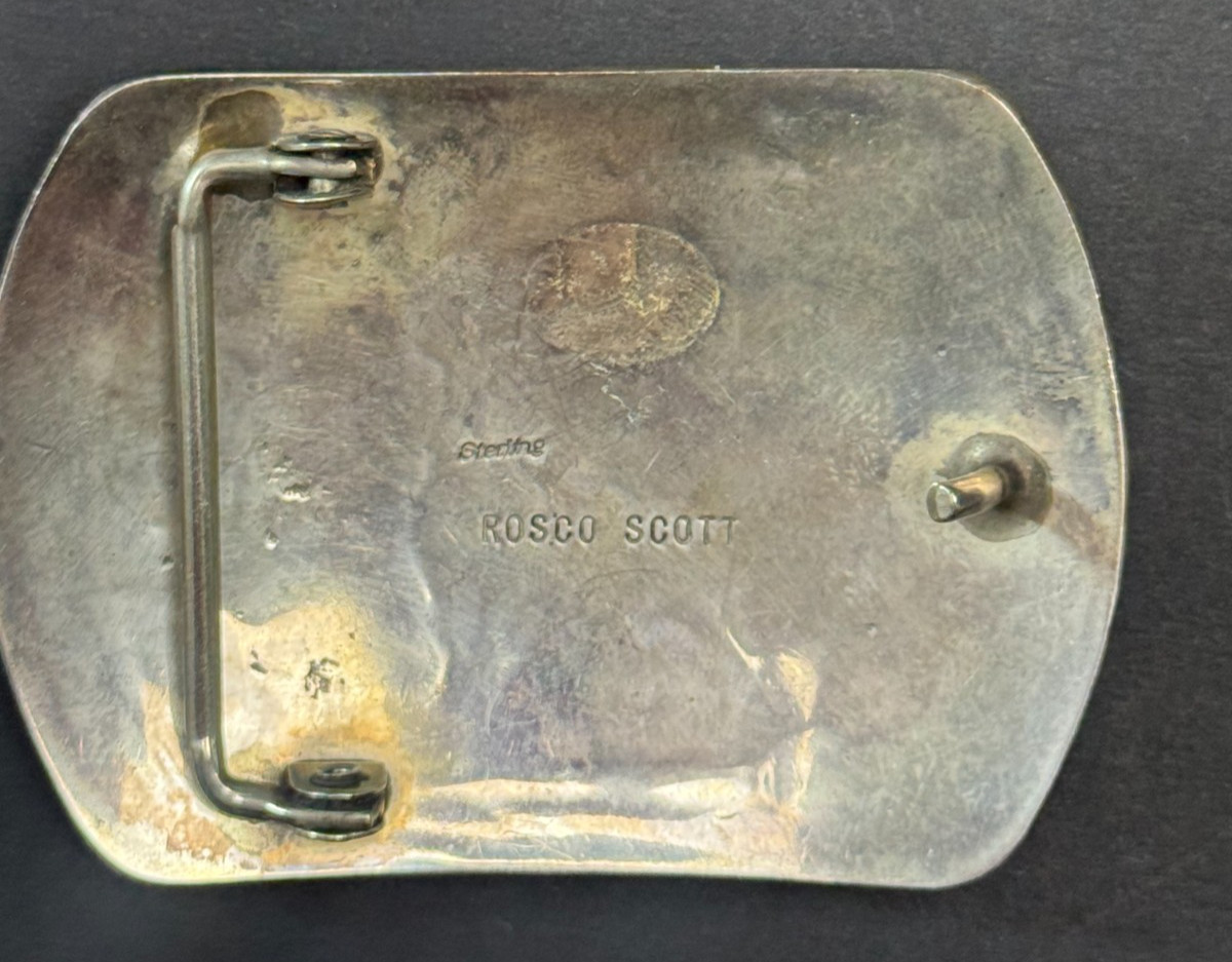 ROSCO SCOTT VINTAGE STERLING SILVER OVERLAY DEER BELT BUCKLE