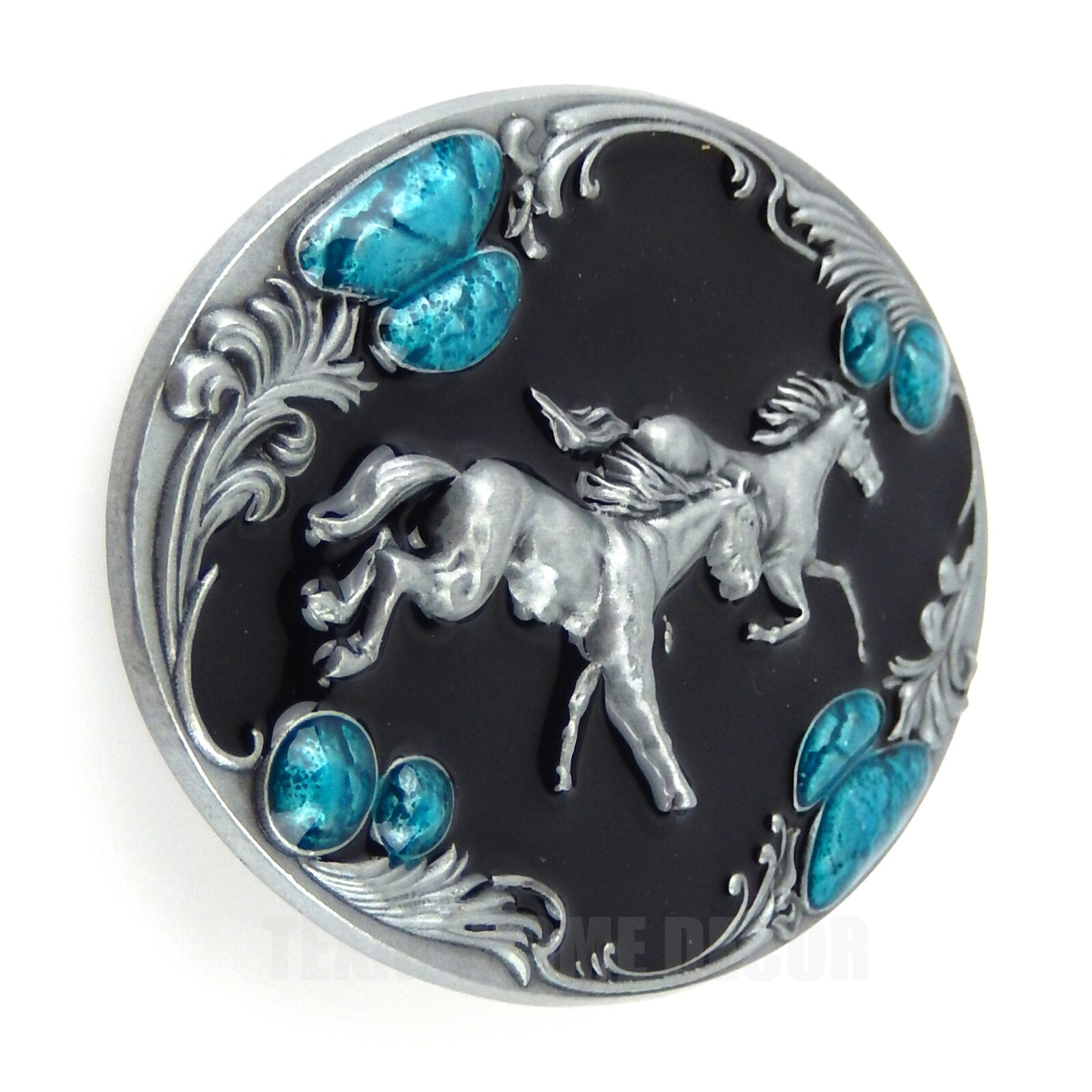 Running Horses Belt Buckle Antique Silver Glossy Turquoise Enamel Fits 1.5&Prime; Belt