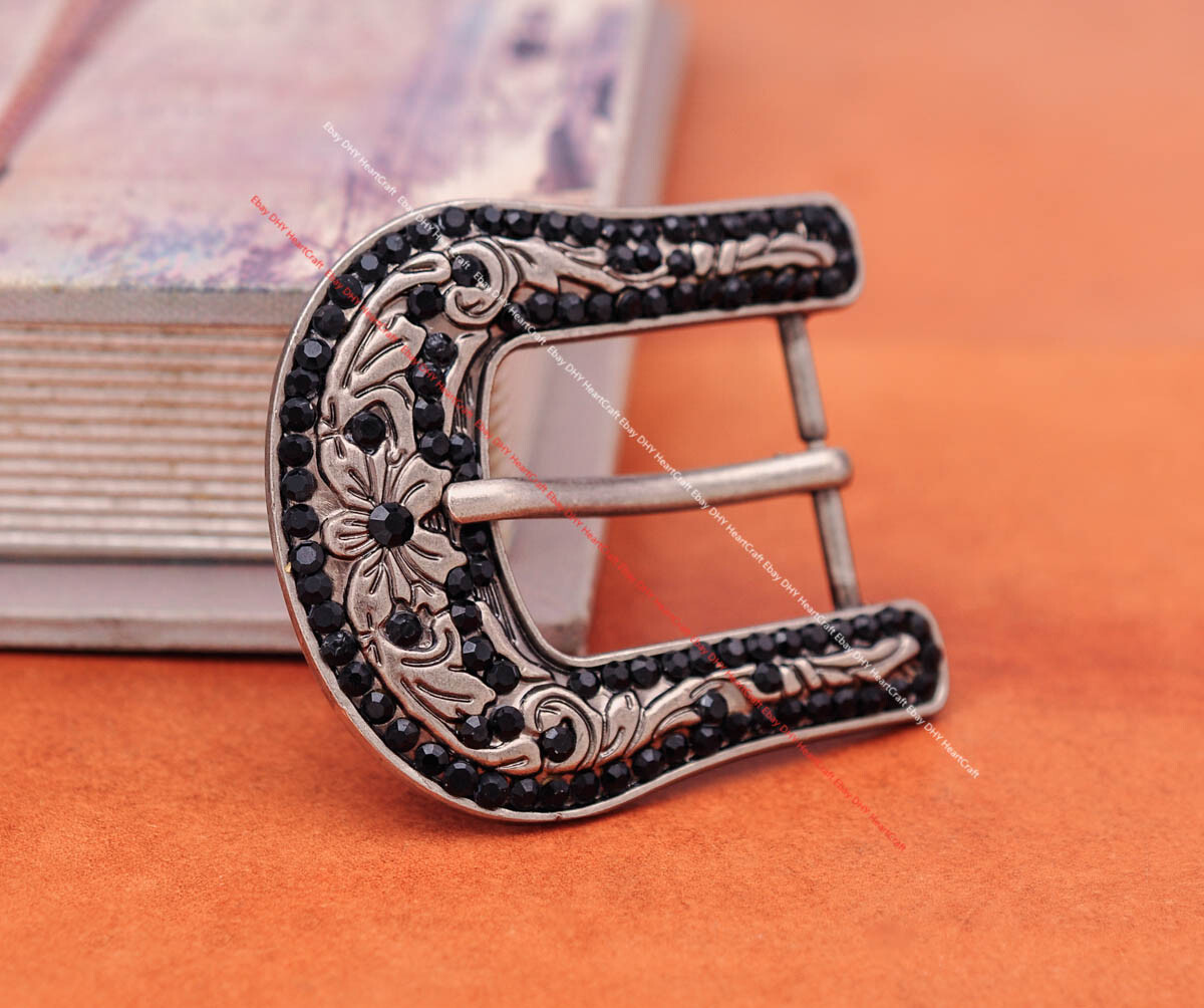 Black Crystal Rhinestone Western Cowboy Rodeo Belt Buckle Set Fit 30MM Strap