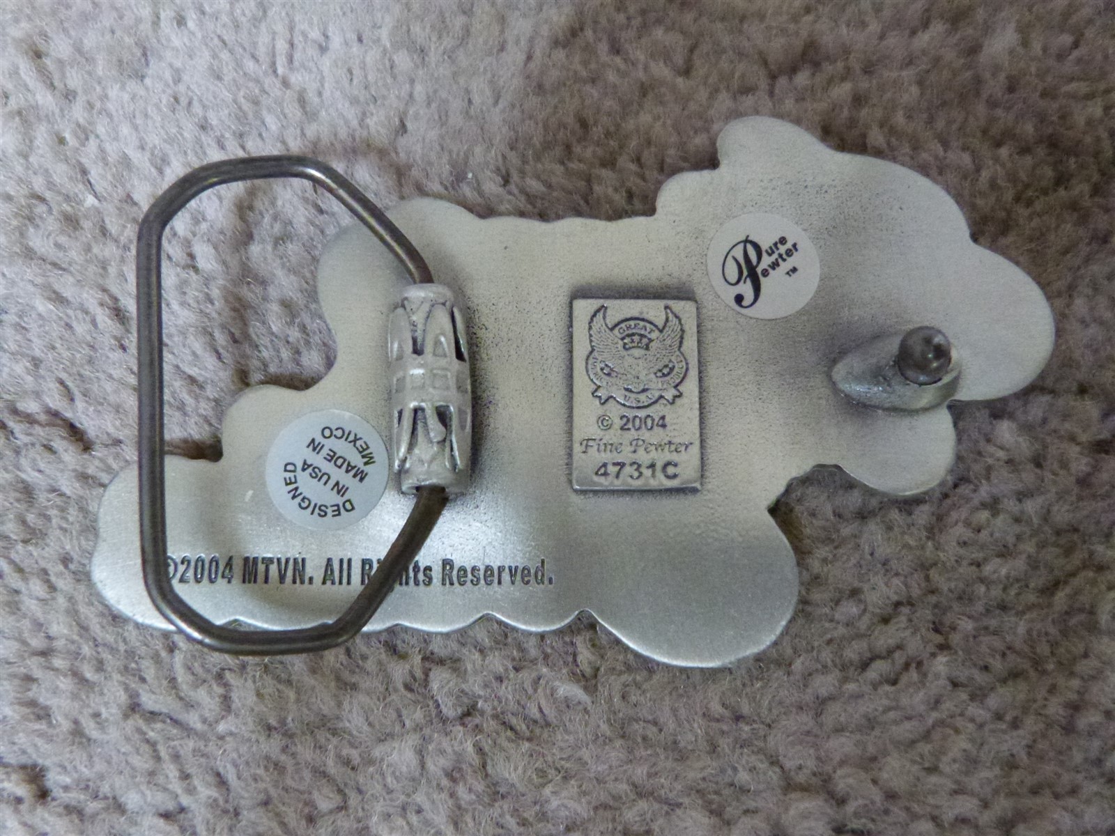 VTG 2004 PIMP MY RIDE Belt Buckle Fine Pewter 4731C Purple Sparkle Acrylic 4.25&Prime;