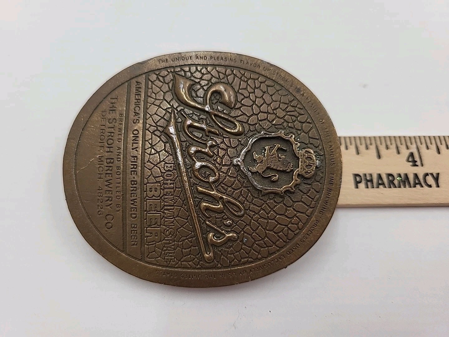 vintage 1970s belt buckle STROHS beer SOLID BRASS detroit WESTERN bohemian
