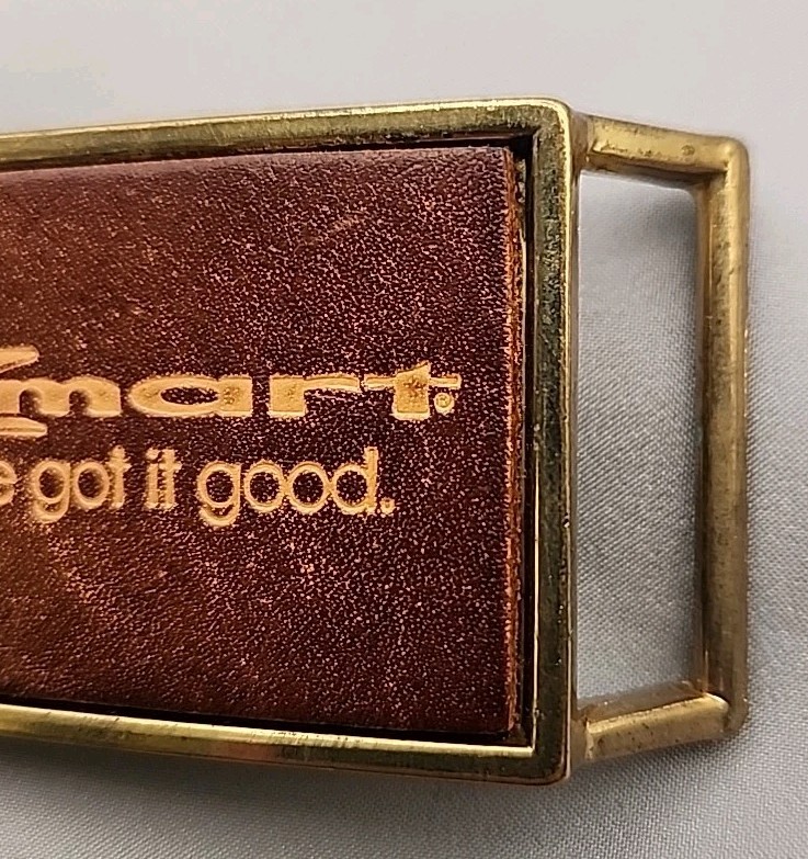 El Cid Kmart Buckle « We&rsquo;ve Got It Good  » Leather & Brass Vtg 2 1/2 X 1 1/2