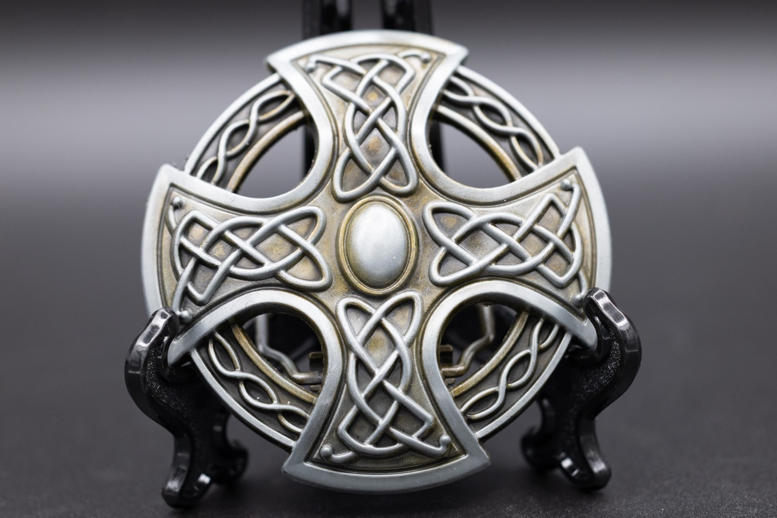 Vintage Style Celtic Cross Belt Buckle Intricate Knotwork Oval Center Cabochon
