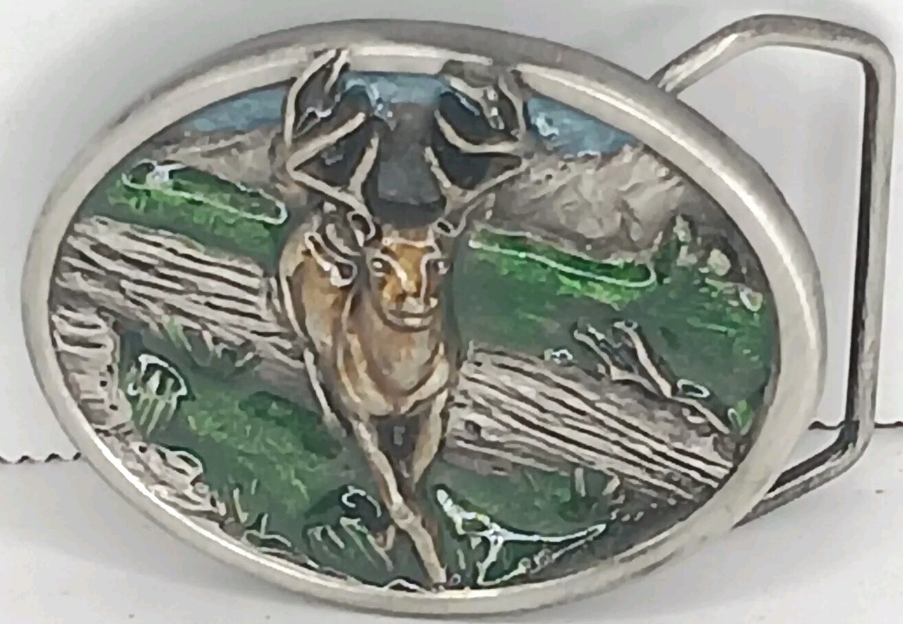 VTG 1984 Belt Buckle Bergamot Brass Works Pewter Buck Deer Hunting Nature Scene
