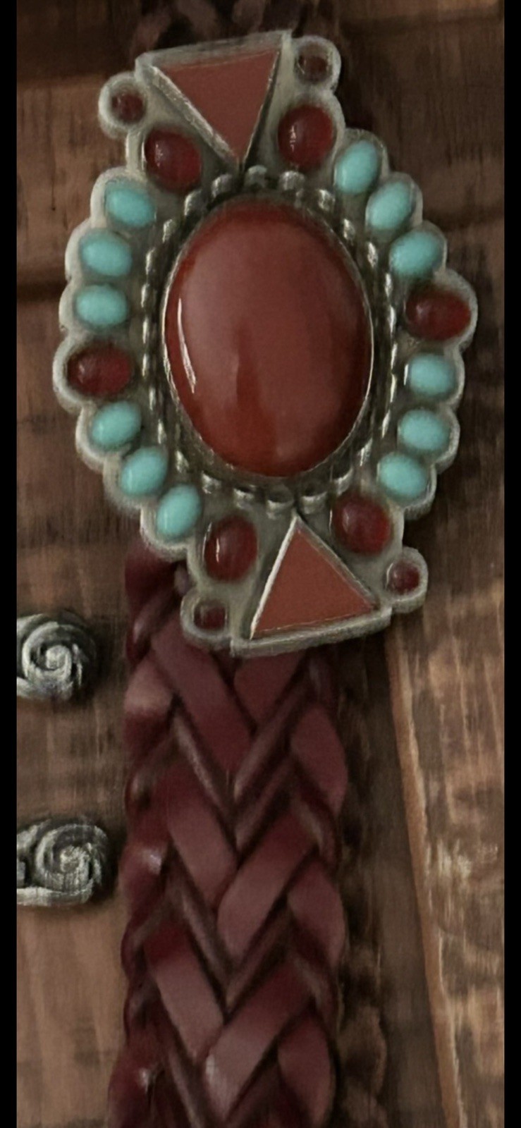 Western Belt Buckle Silver coral& Turquoise Stone Fits 1.5&Prime;Native American trib