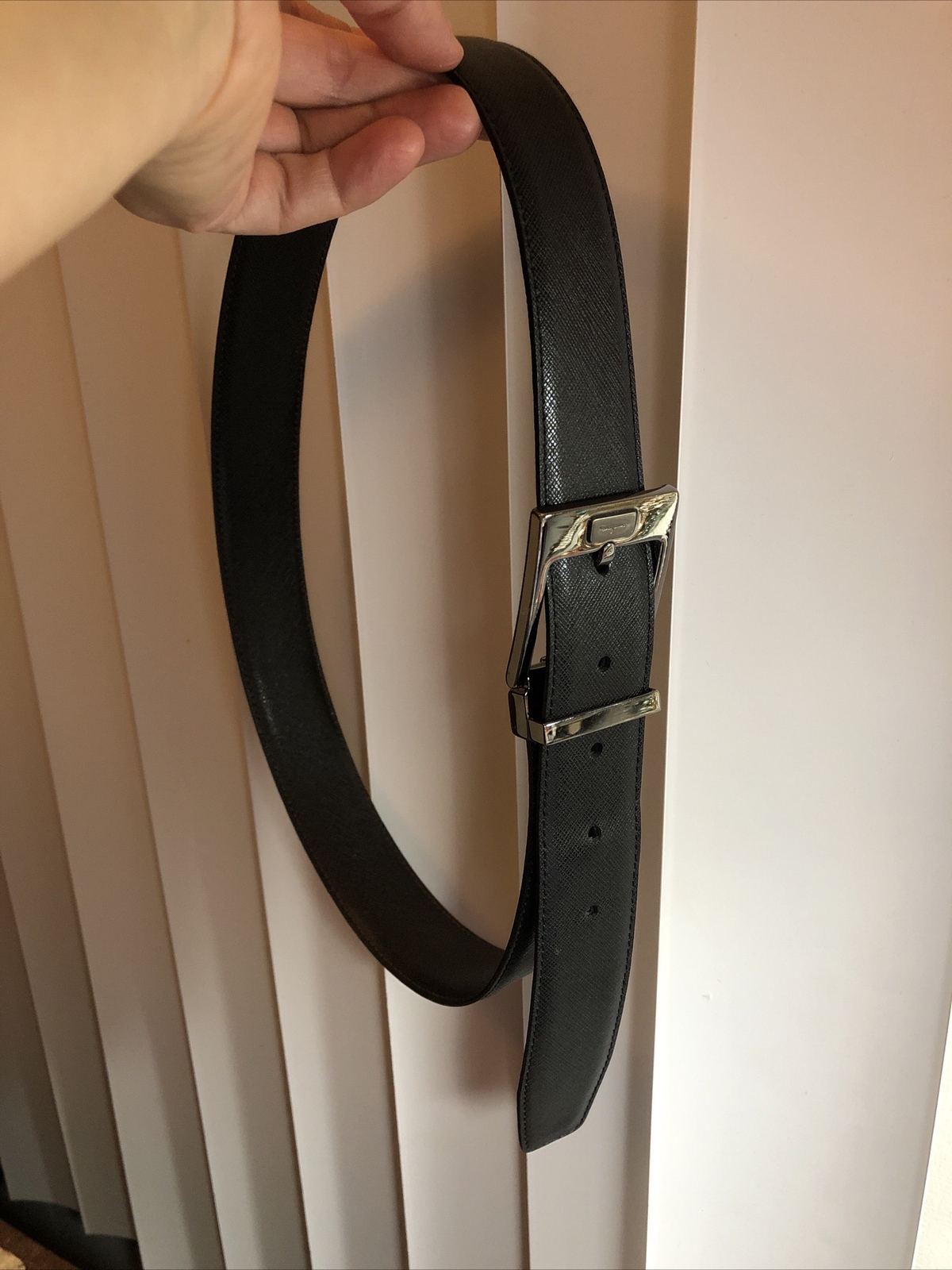Salvatore Ferragamo Gun Metal tone Rectangle Buckle black leather belt