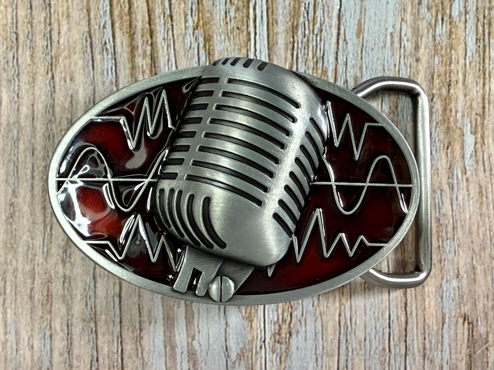 Retro Music Elvis Style Microphone Red Enameled Musician Ribbon Mic Belt Buckle
