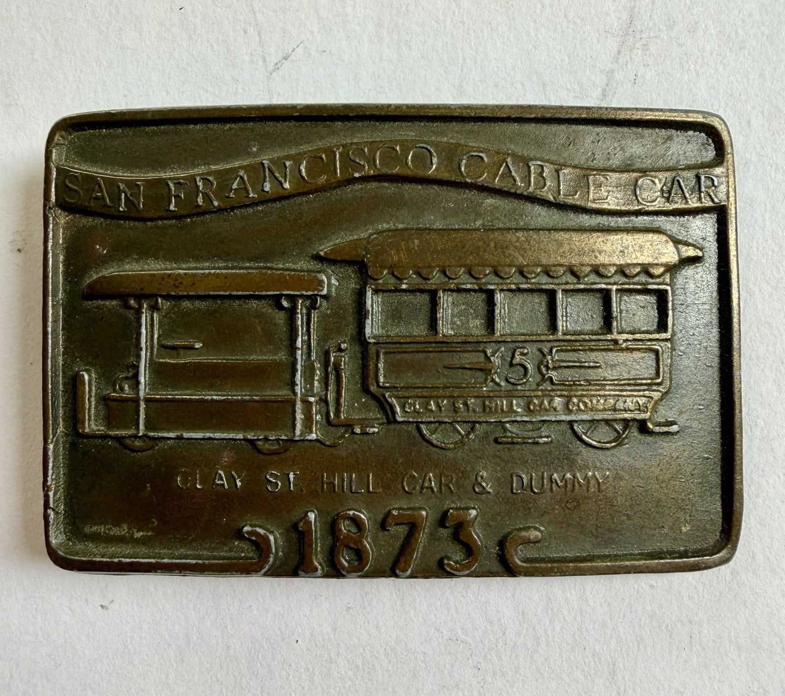 Vintage Brass Belt Buckle San Francisco Cable Car Clay St Hill Car & Dummy 1873