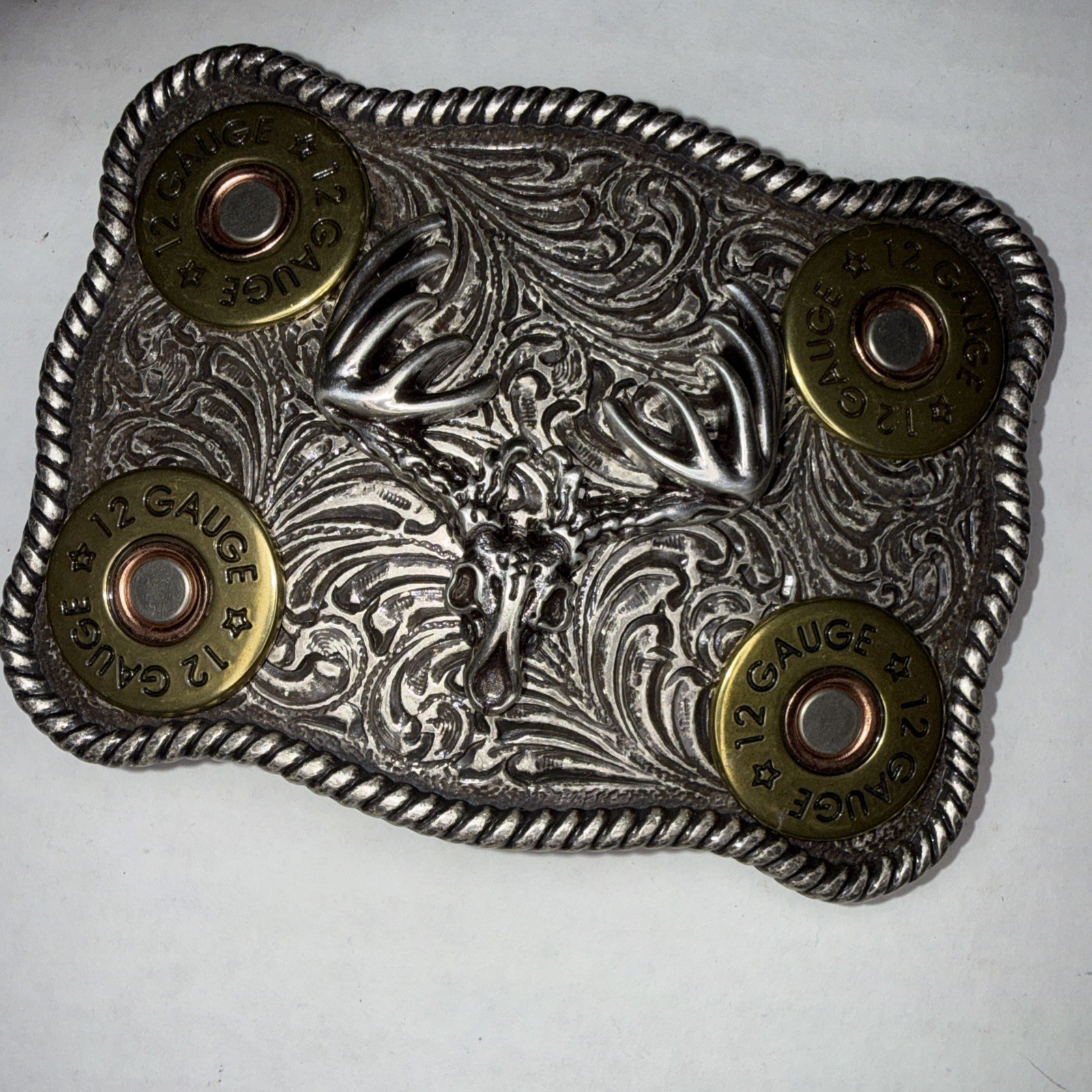 Nocona Belt Buckle 12 Gauge Shotgun Shells Whitetail Deer Skull Filigree NEW
