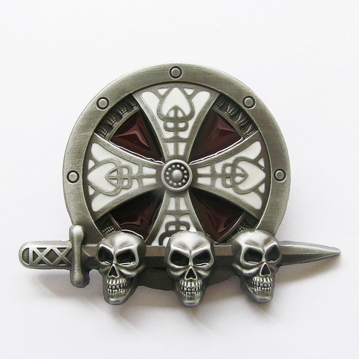Round Iron Cross Knot Sword w/ Skulls Belt Buckle