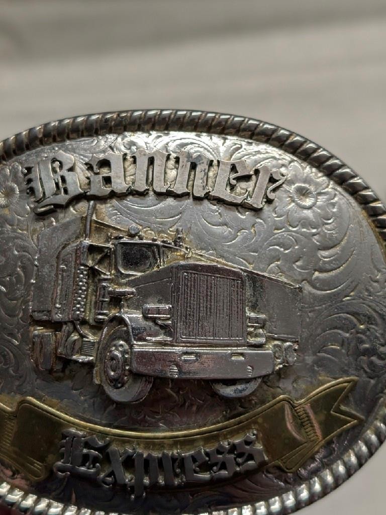 vintage USA made TRUCKER belt buckle OVERSIZED engraved WESTERN cowboy BRASS