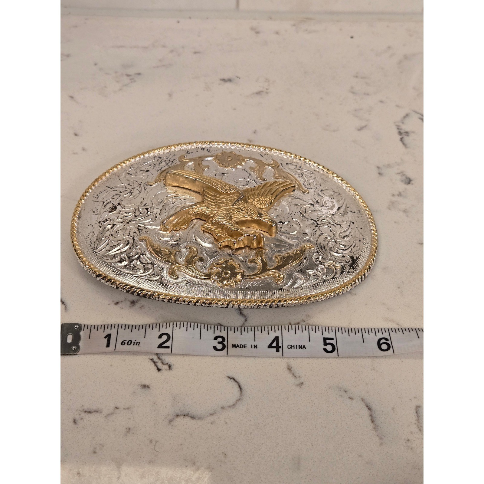 Western Eagle Belt Buckle Two Tone Gold Silver Floral Scroll Rope Border Oval