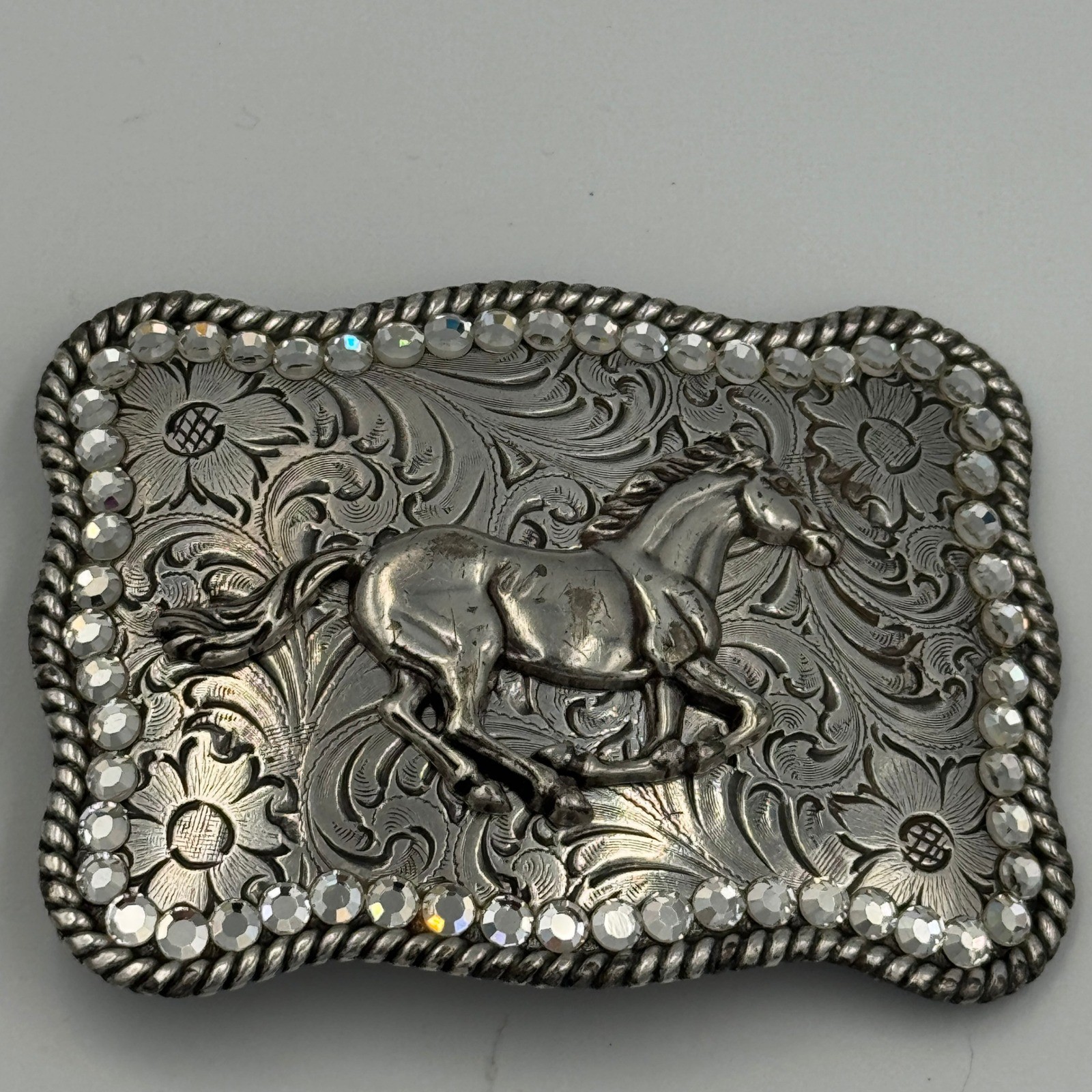 Western Horse Belt Buckle Silver Tone Floral Engraved Rhinestone Border Rodeo