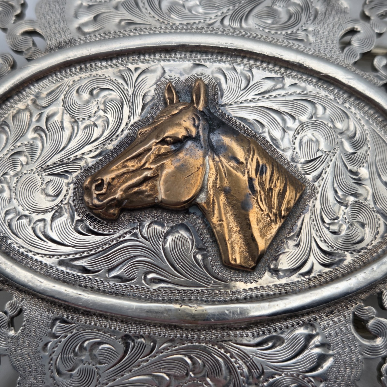 Men&rsquo;s Western Large Ornate Silver Overlay Belt Buckle With Copper Horse