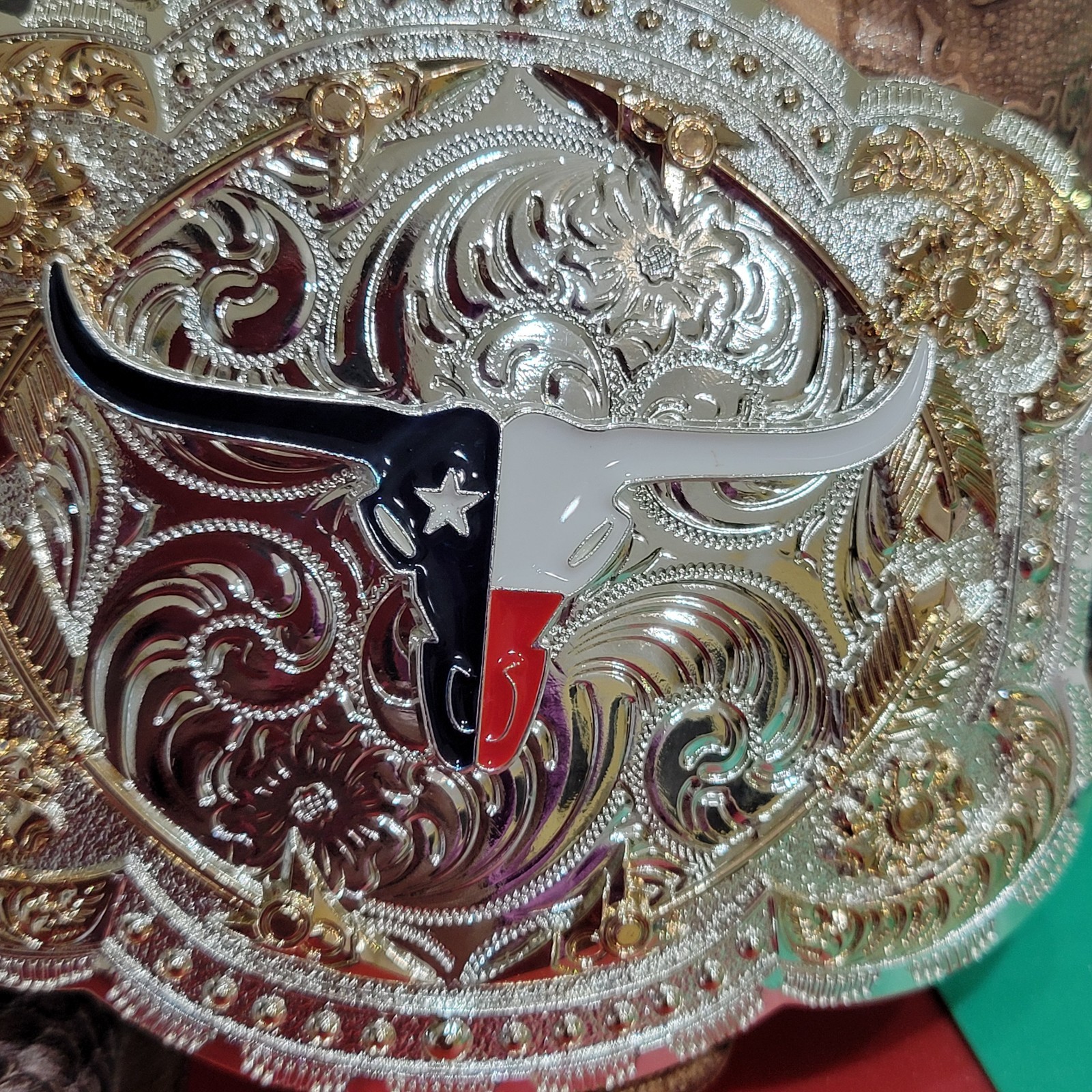 Longhorn Western belt Buckle Texas Style Rose Tone Silver 4.5 x 3.5  » Cowboy