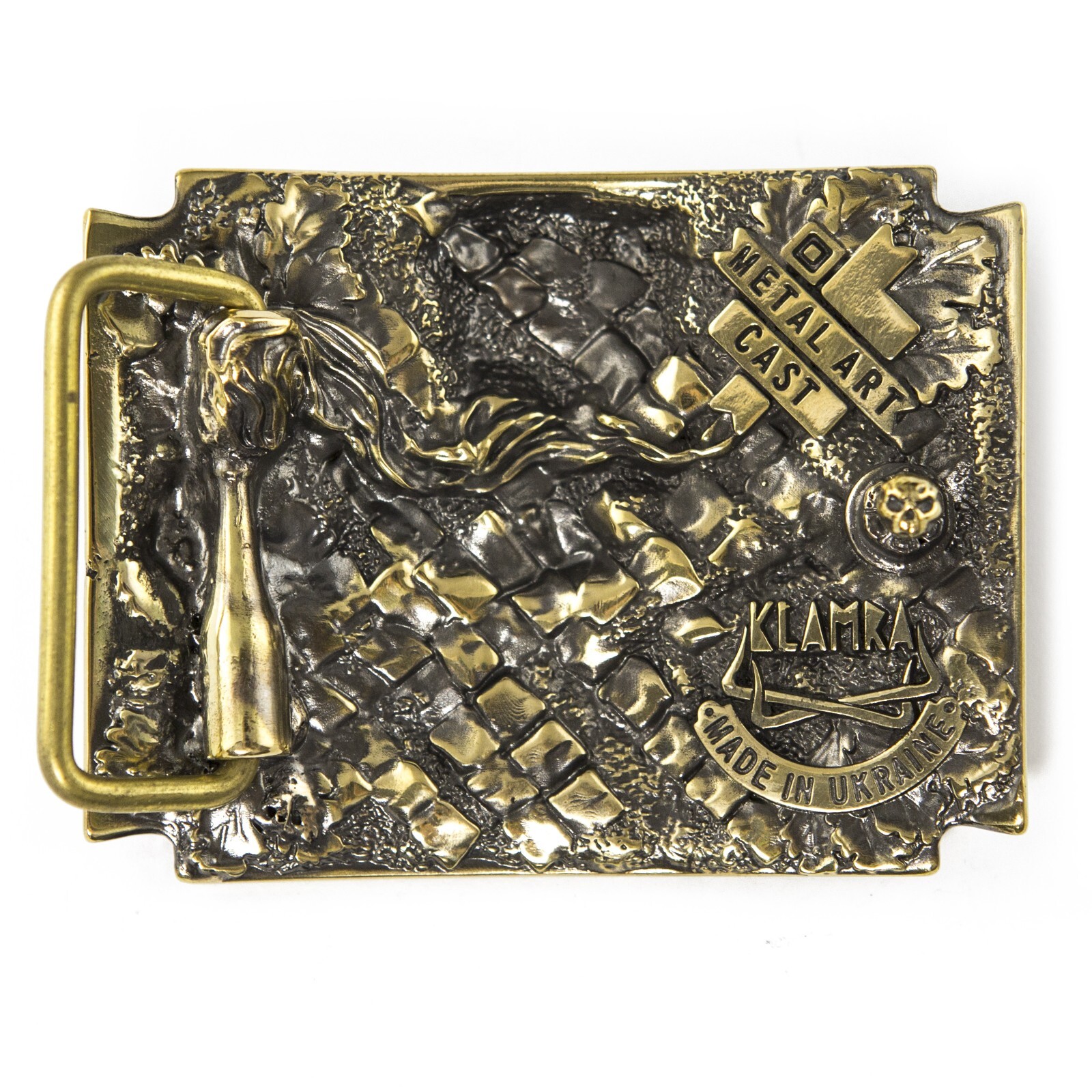 Brass belt buckle Banderstadt, Artistic sculptural fighting skull brass buckle