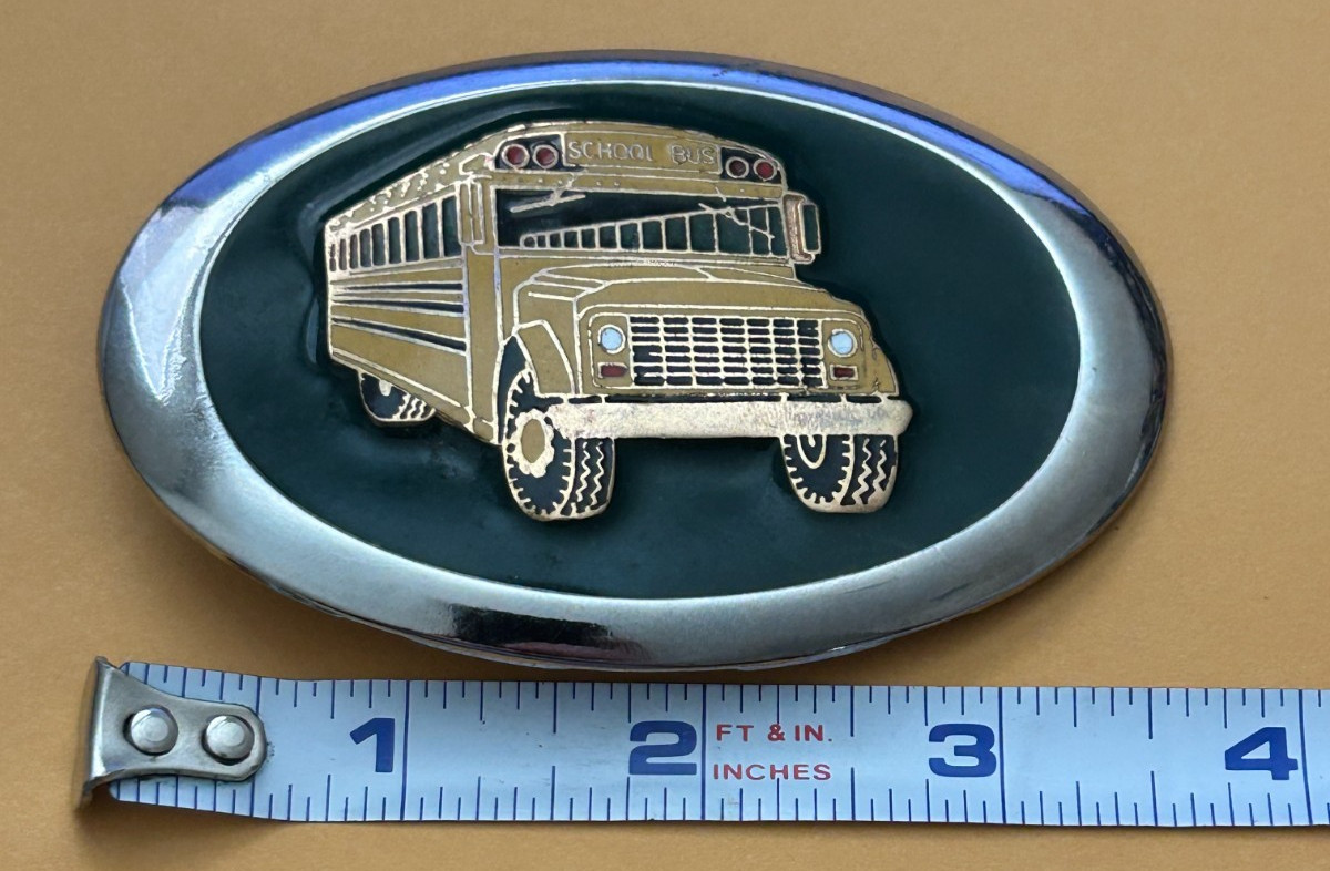 Vintage SCHOOL BUS Belt Buckle Chrome Black Background Raised Element Yellow Bus
