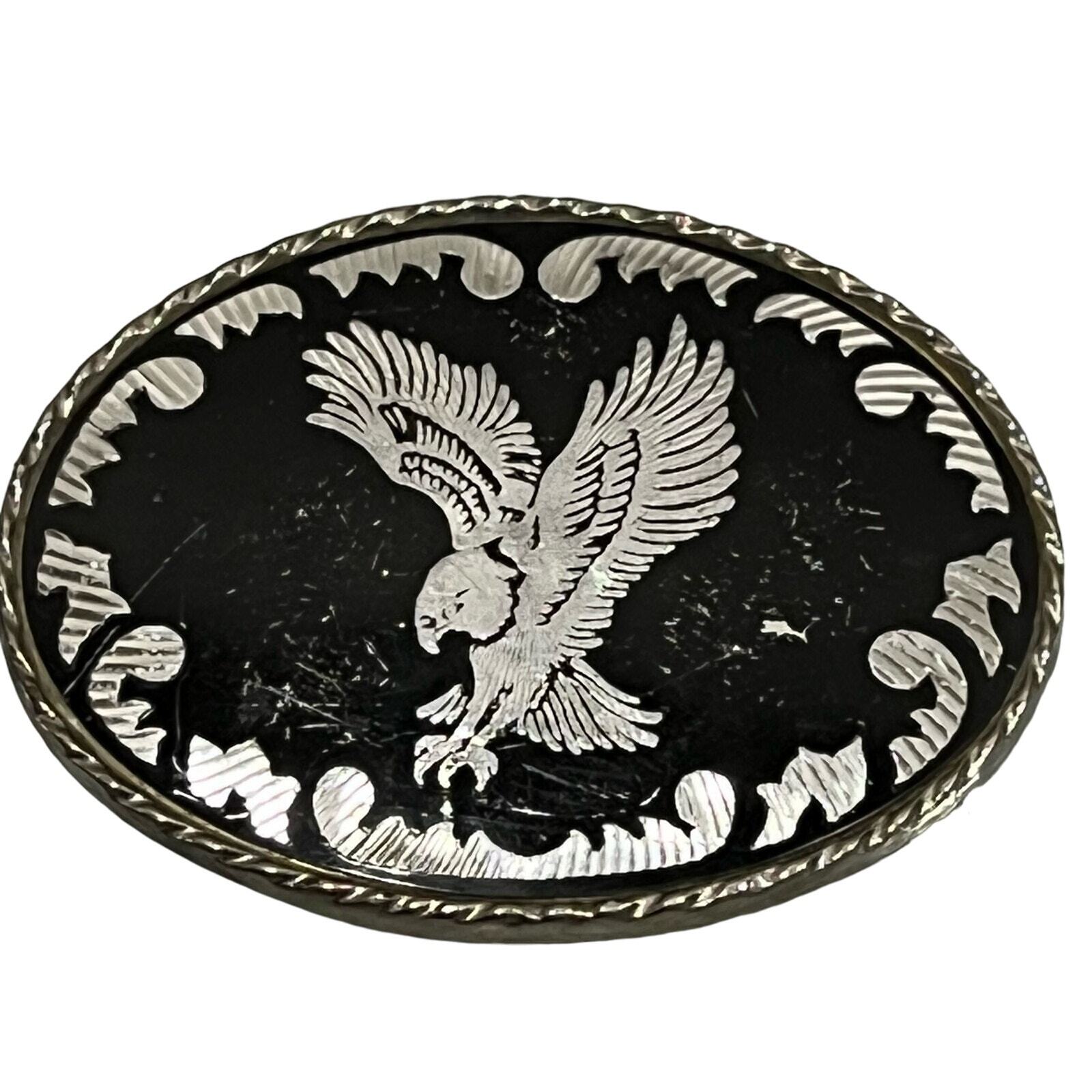 EAGLE vintage belt buckle silver and black USA made freedom strength