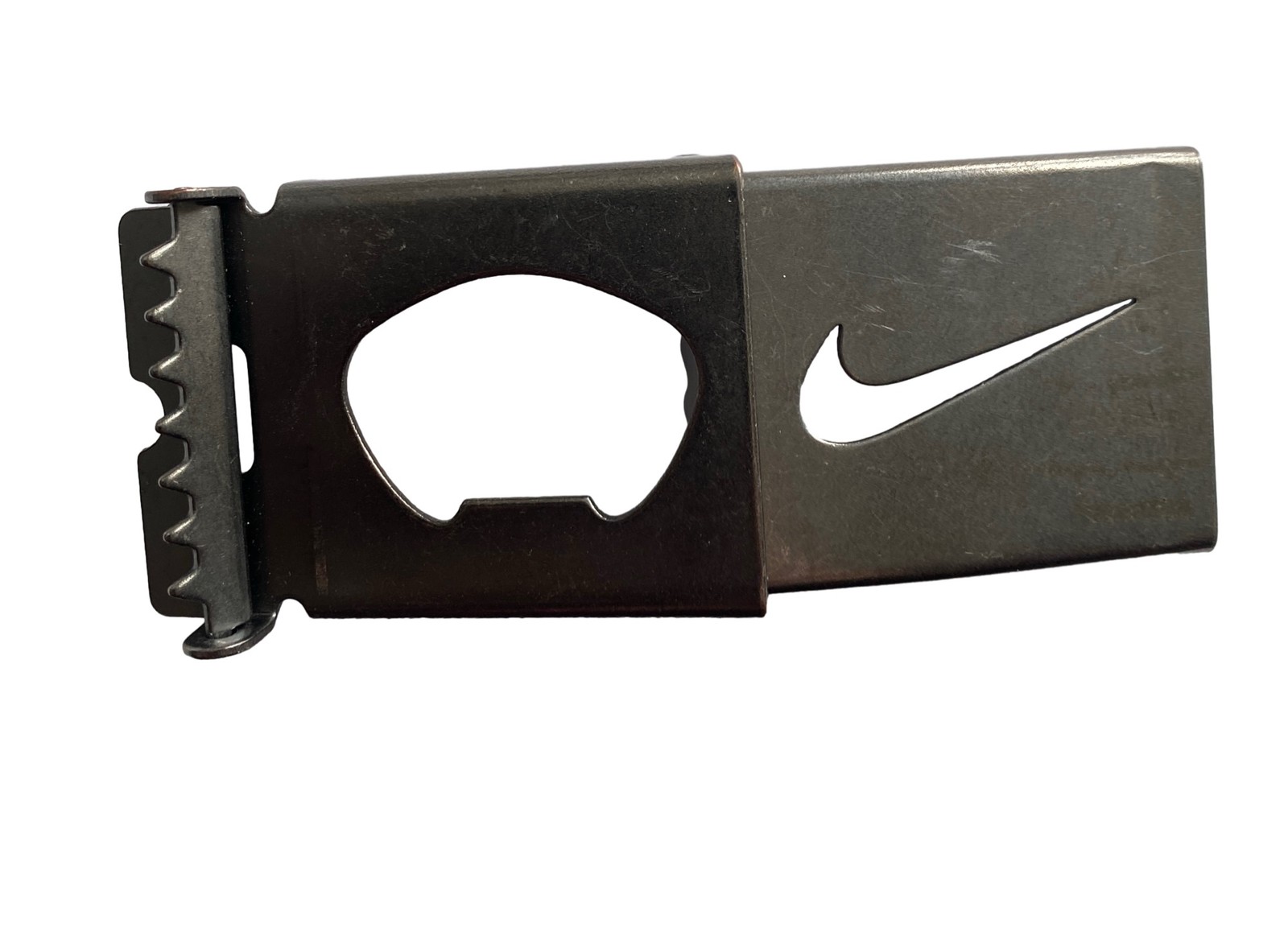Nike Gun Metal Belt Buckle Cutout Swoosh Logo SilverTone Beer Opener 2.5×1.75”