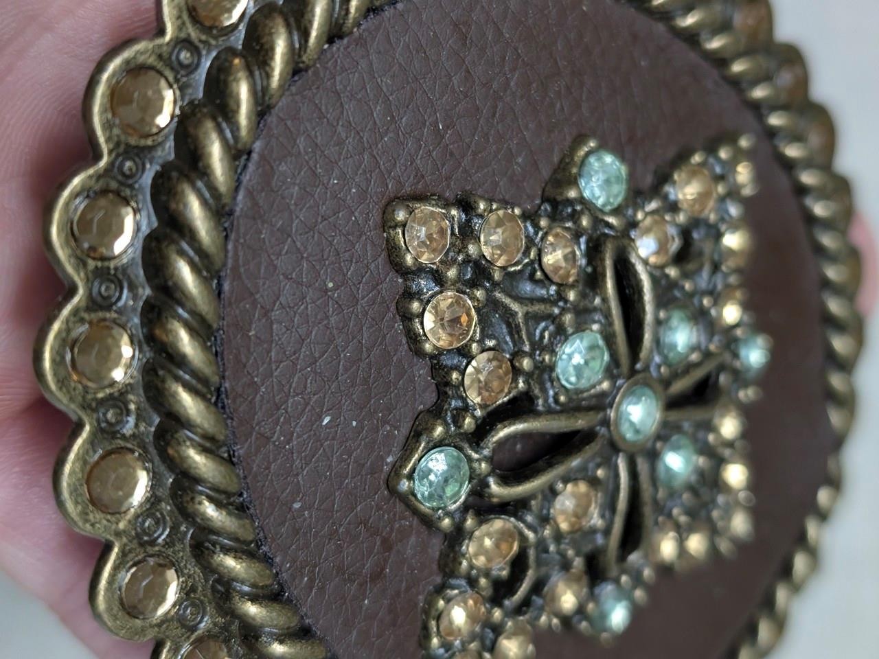 vintage RHINESTONE belt buckle STUDDED leather BRASS western cowboy