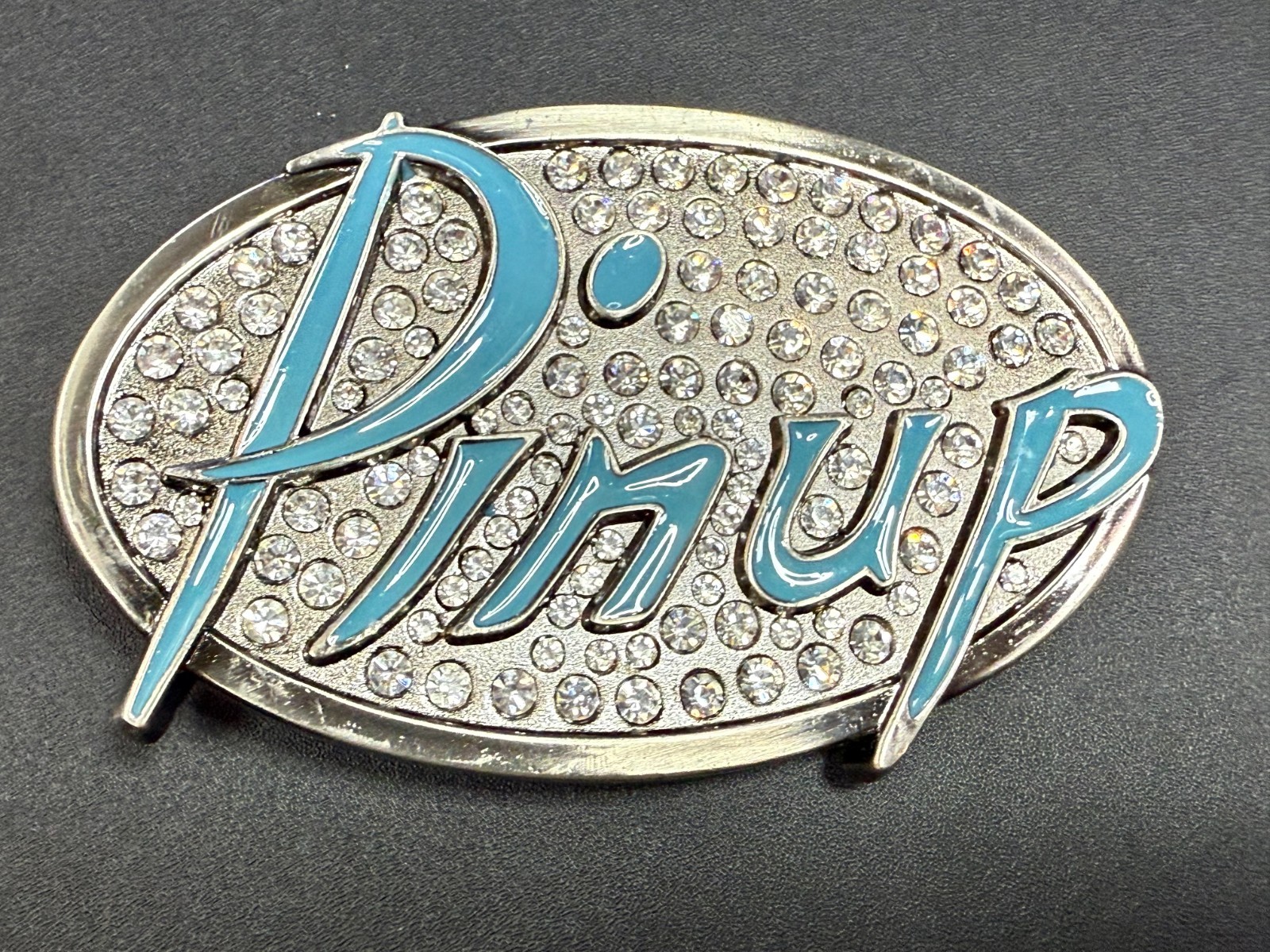 Pinup Girl – Blue Lettering Fashion Statement Novelty Jeweled Oval Belt Buckle