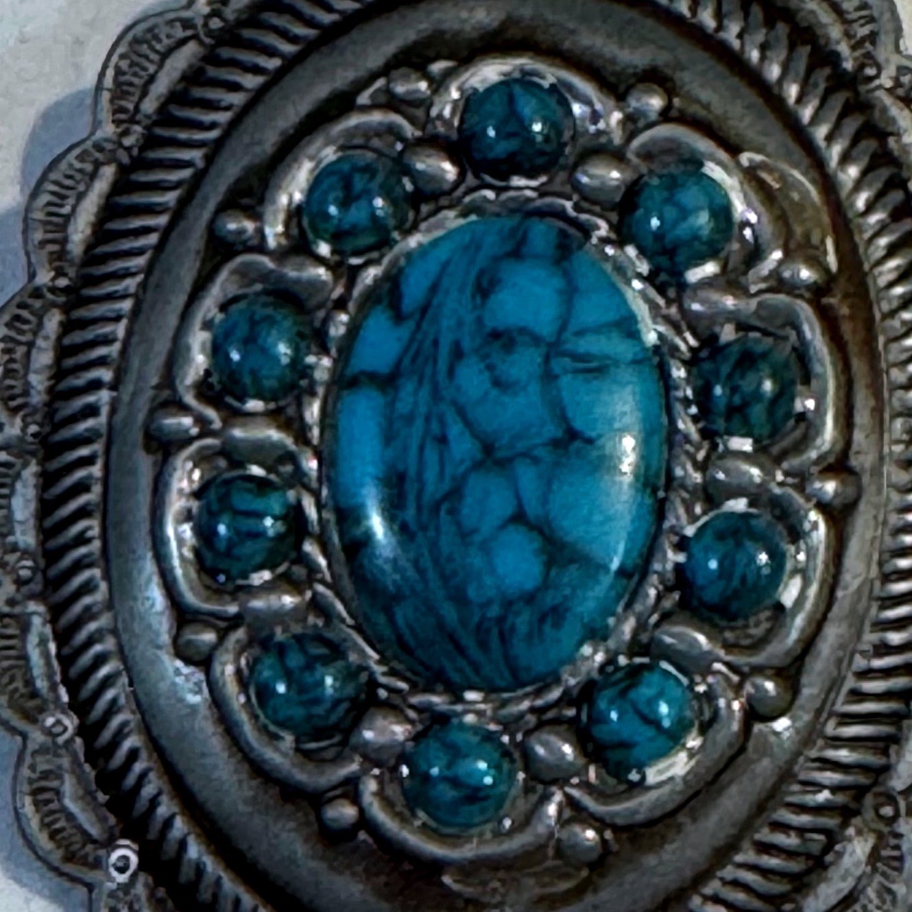 Western Silver Tone Faux Turquoise Scalloped Oval Belt Buckle Southwestern Boho