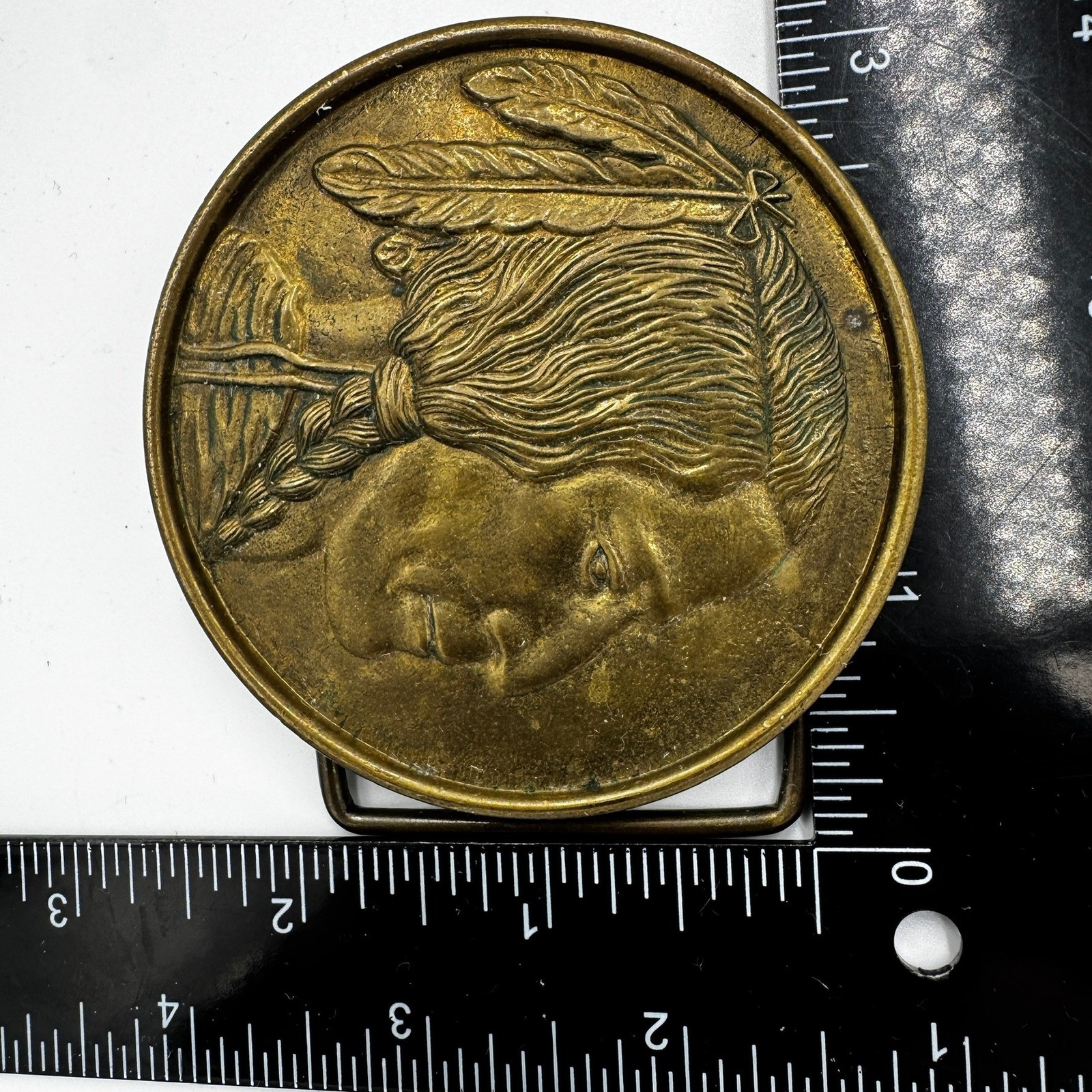 Vintage Baron Buckles Solid Brass Native American Chief Belt Buckle 416 Round