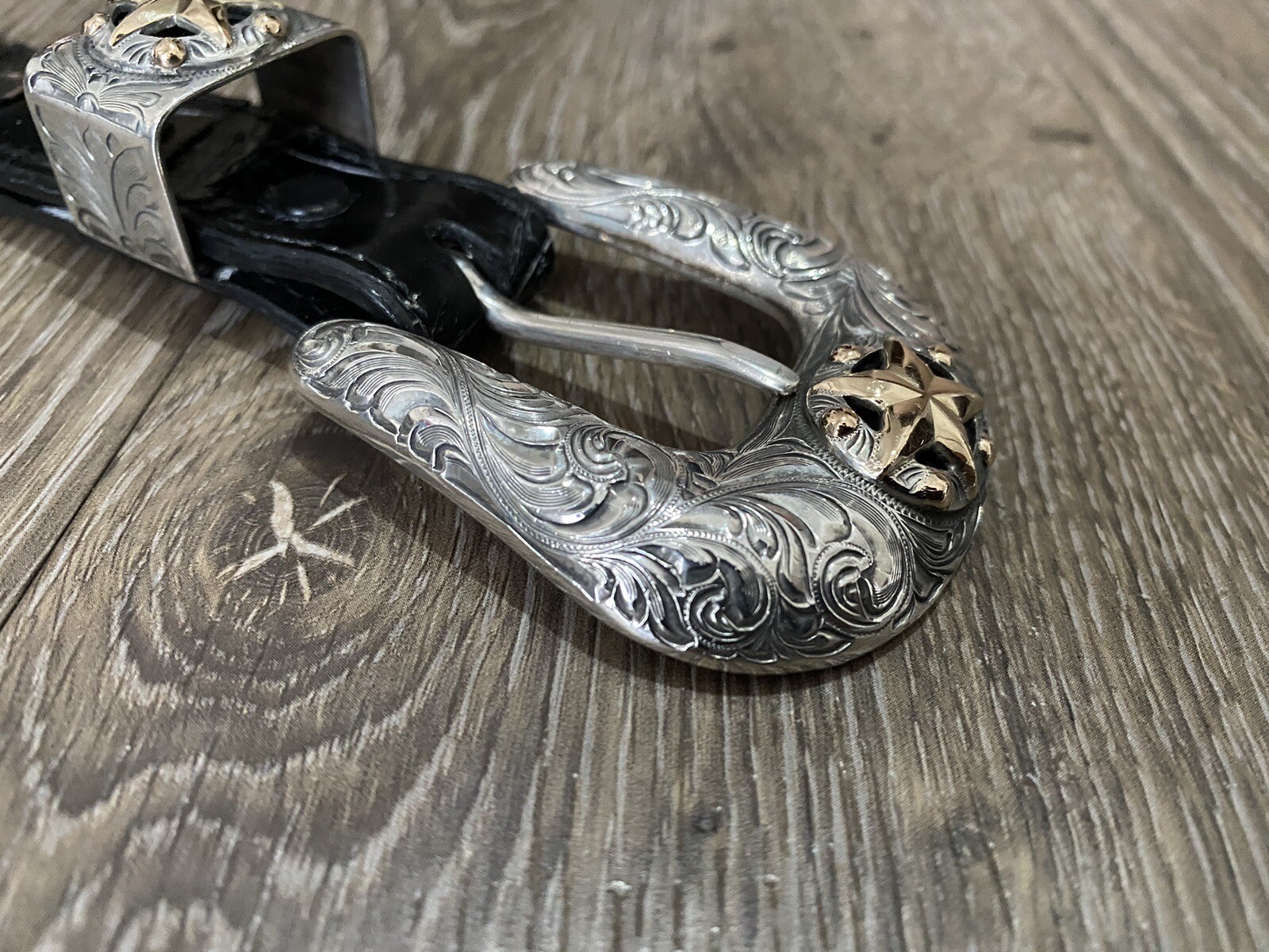 Rare Chet Vogt 14k .925 Sterling Belt Buckle Set XL cowboy Star BLK ✅