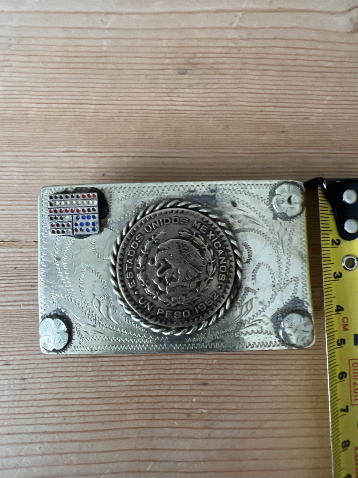 Vintage Silver Small Handmade Mexican Peso 1965 Belt Buckle Stamped