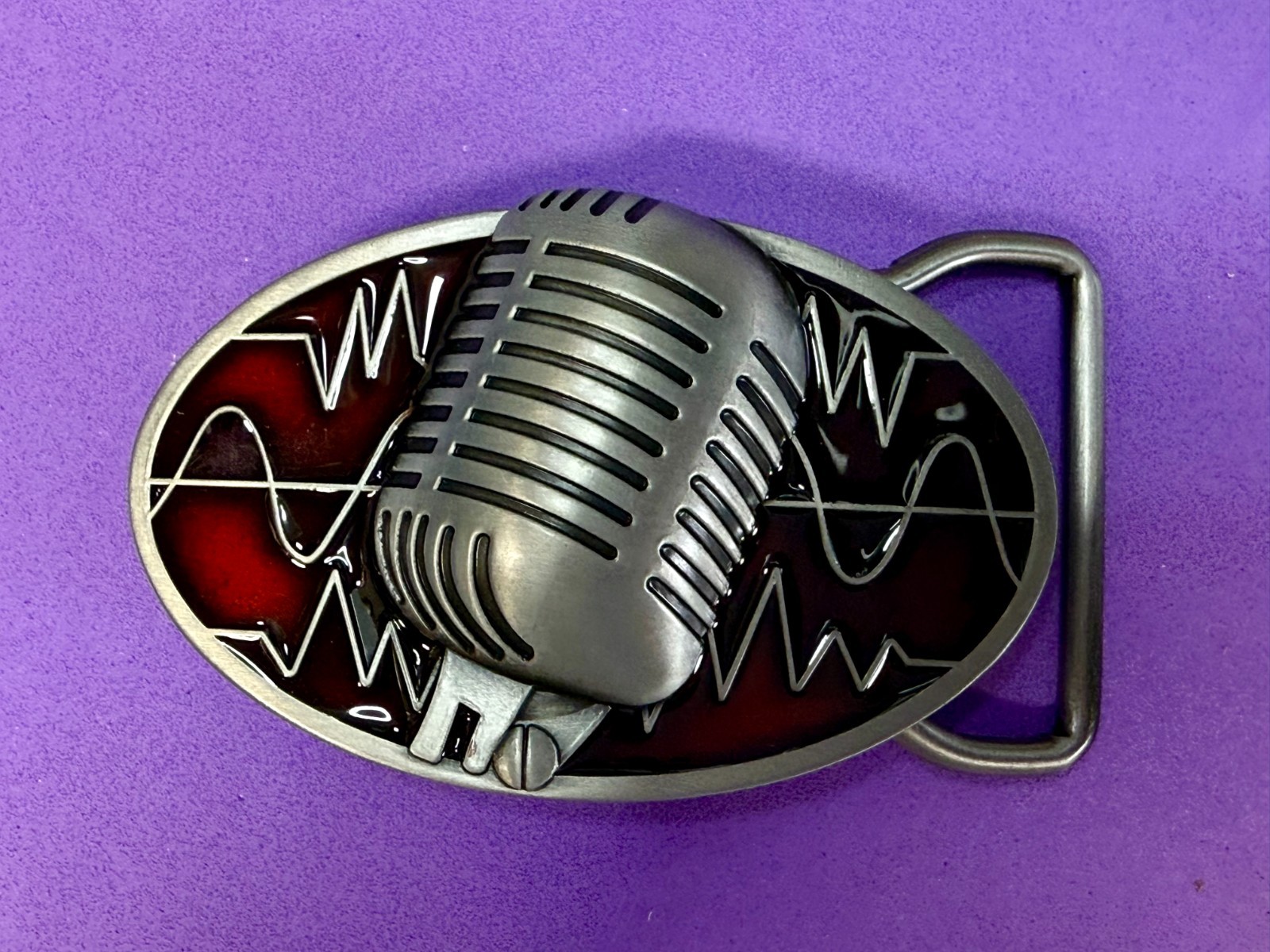Retro Music Elvis Style Microphone Red Enameled Musician Ribbon Mic Belt Buckle