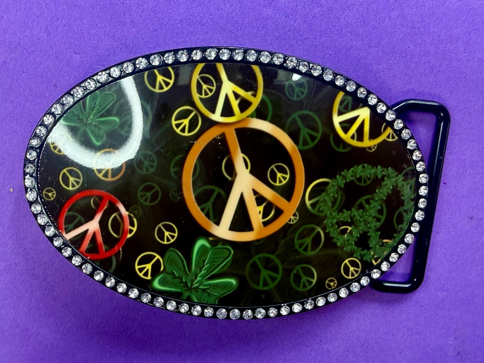 Peace Sign Symbol Four Leaf Clover with Clear Rhinestone Border Belt Buckle