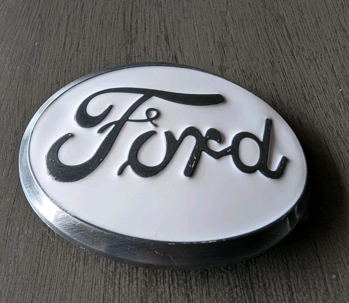 Ford Belt Buckle , White Enamel Fill Pewter Finish