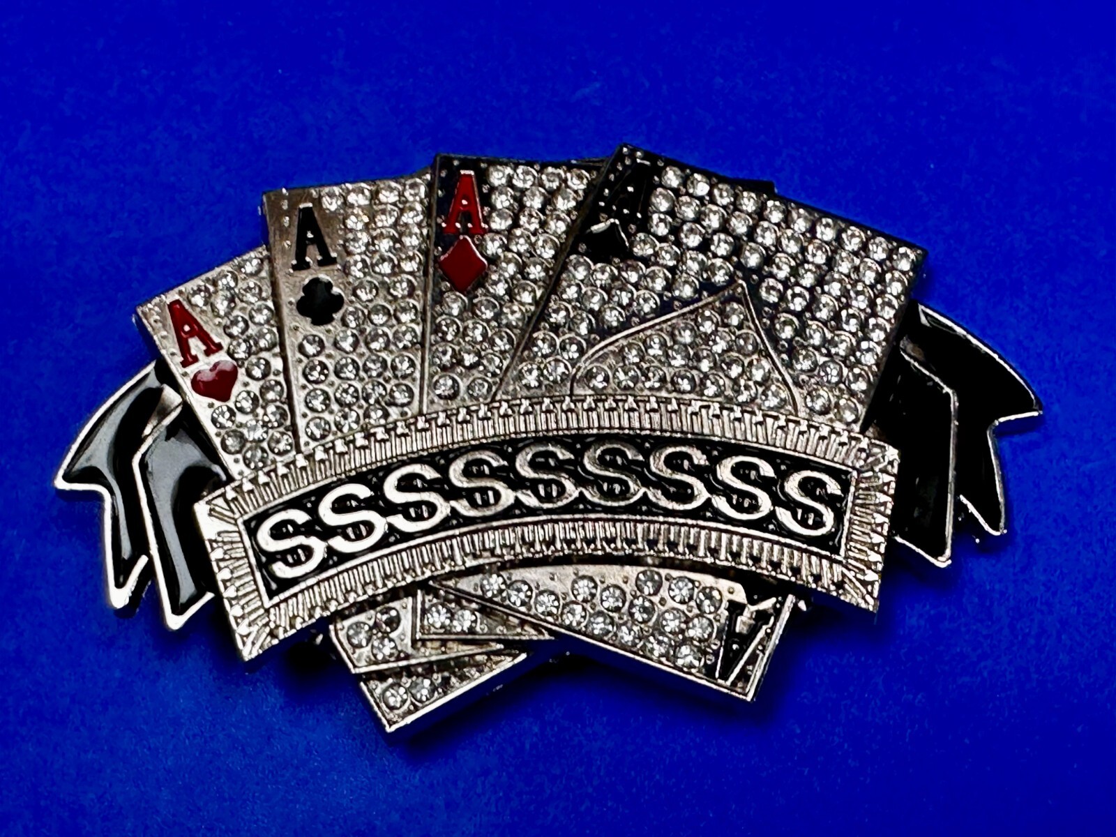 Four Aces Playing Card Game ALL SSSSSSSSSS! Casino Gambling Jeweled Belt Buckle
