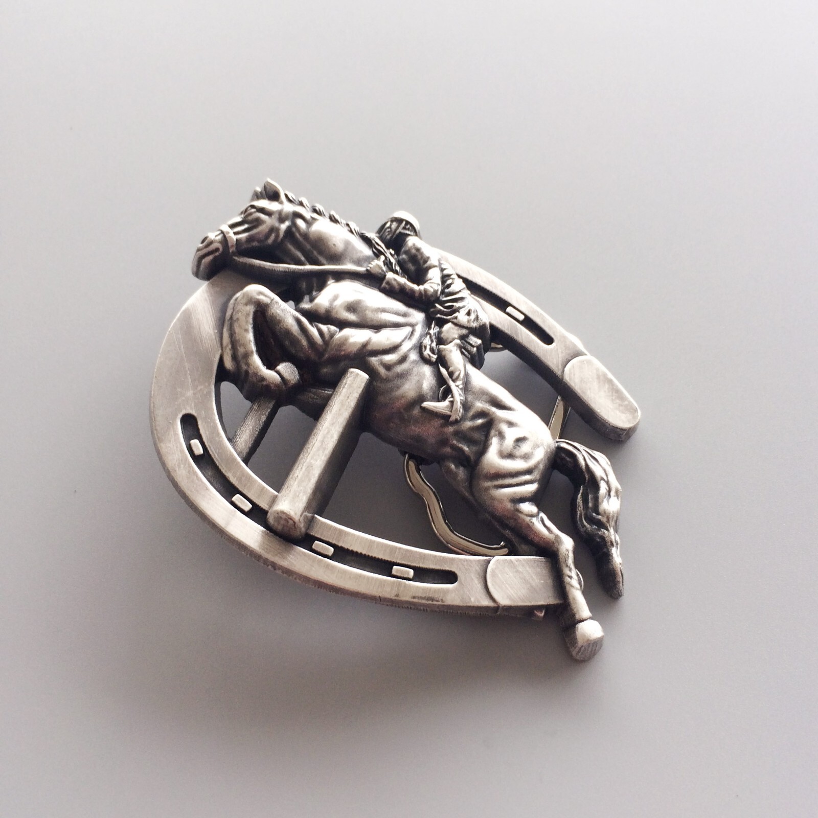 Vintage Silver Plated Horse Jumping Sports Belt Buckle Boucle de ceinture