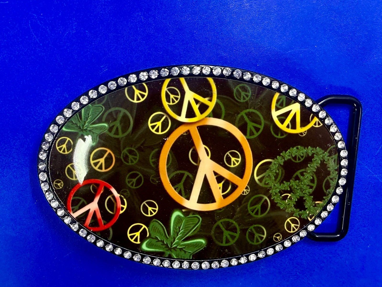 Peace Sign Symbol Four Leaf Clover with Clear Rhinestone Border Belt Buckle