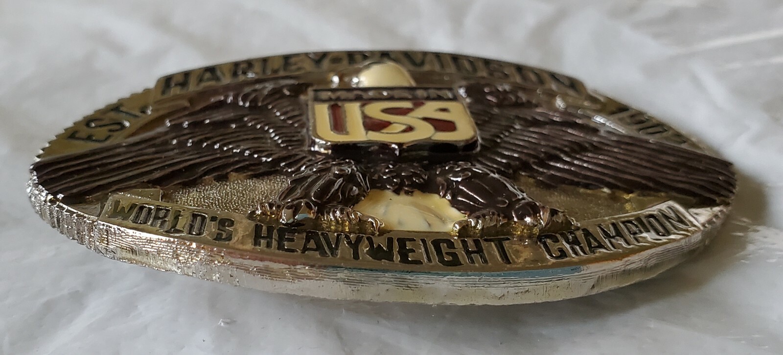 New Vtg. Harley Davidson Belt Buckle Raintree – Heavyweight Champ