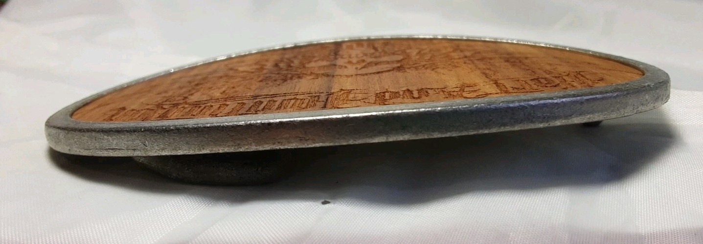 Belt Buckle Silver Tone Hart & Huntington Tattoo Co. Etched Wood Skull Wings