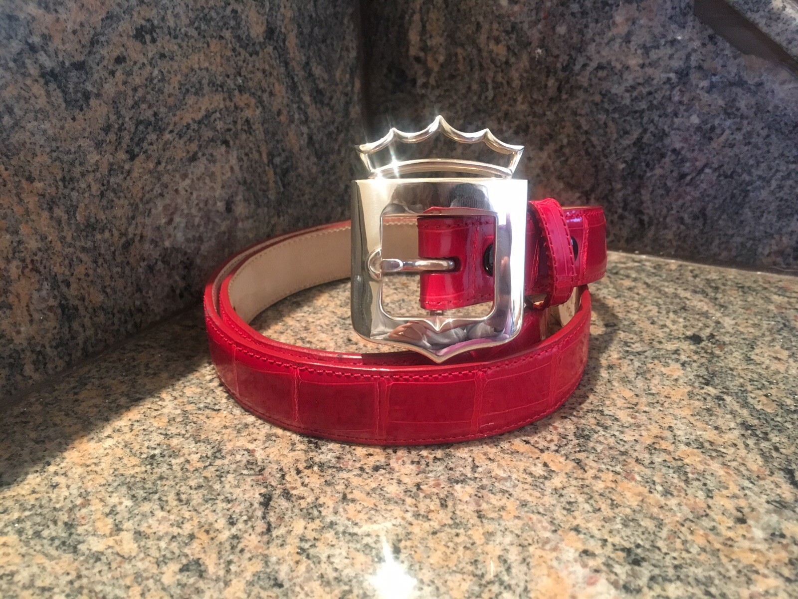 Rare Kieselstein-Cord Sterling Royal Crown Buckle and Red Alligator Belt Size 2