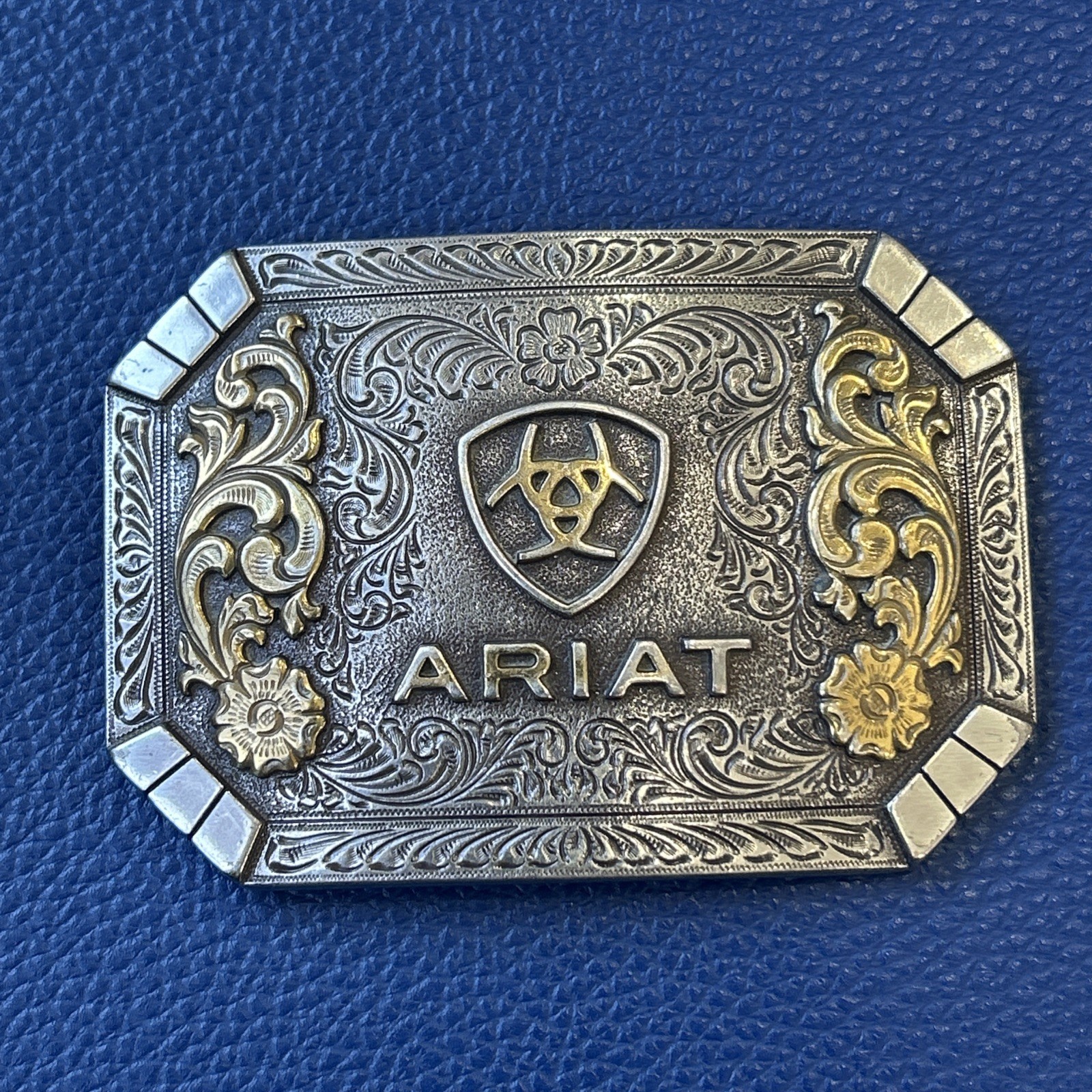 Ariat Logo Western Belt Buckle Floral Silver & Gold tone