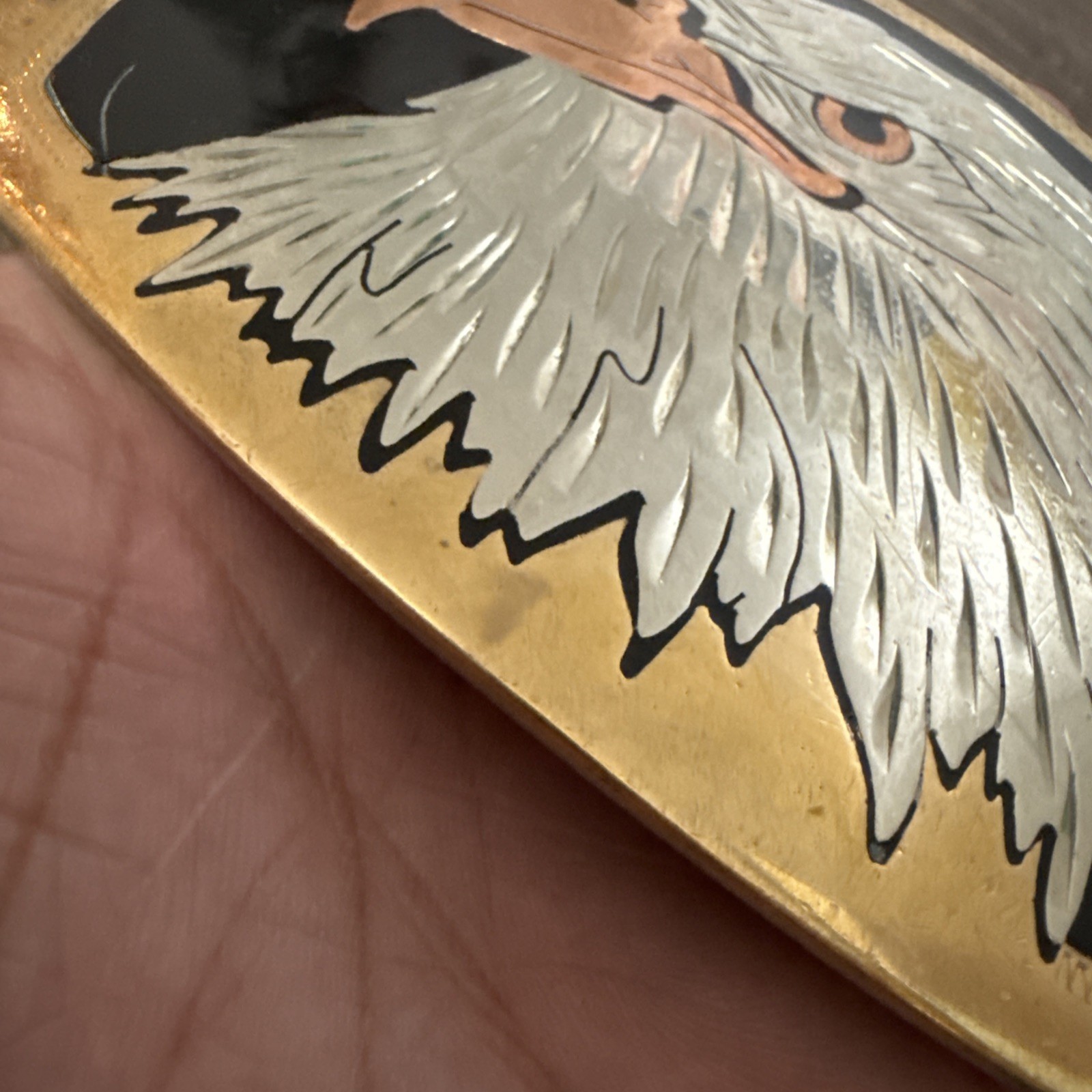 Vintage German Silver Belt Buckle Bald Eagle Head Gold Silver & Copper Tone