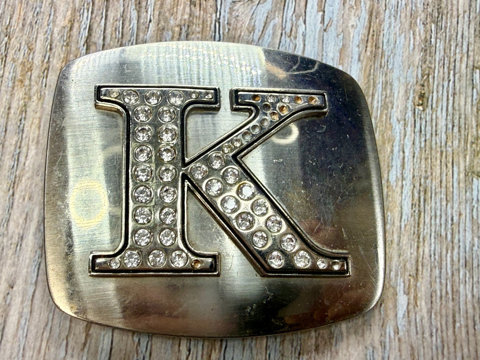 Custom Initial Letter K Monogram Silver Tone Belt Buckle – Missing a Rhinestone